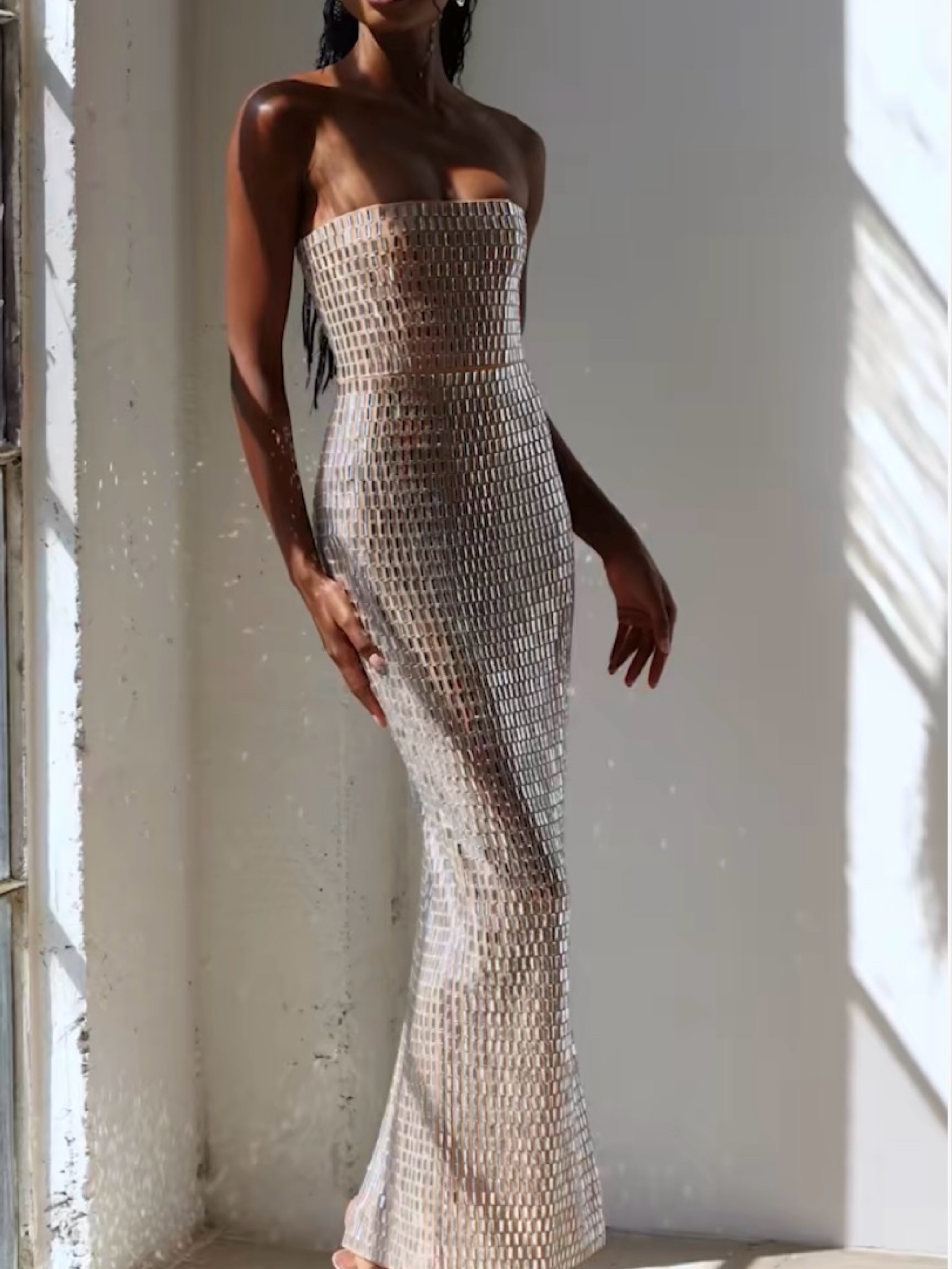 embellished bandeau maxi dress in almond Amaya Embellished Bandeau Maxi Dress in Almond