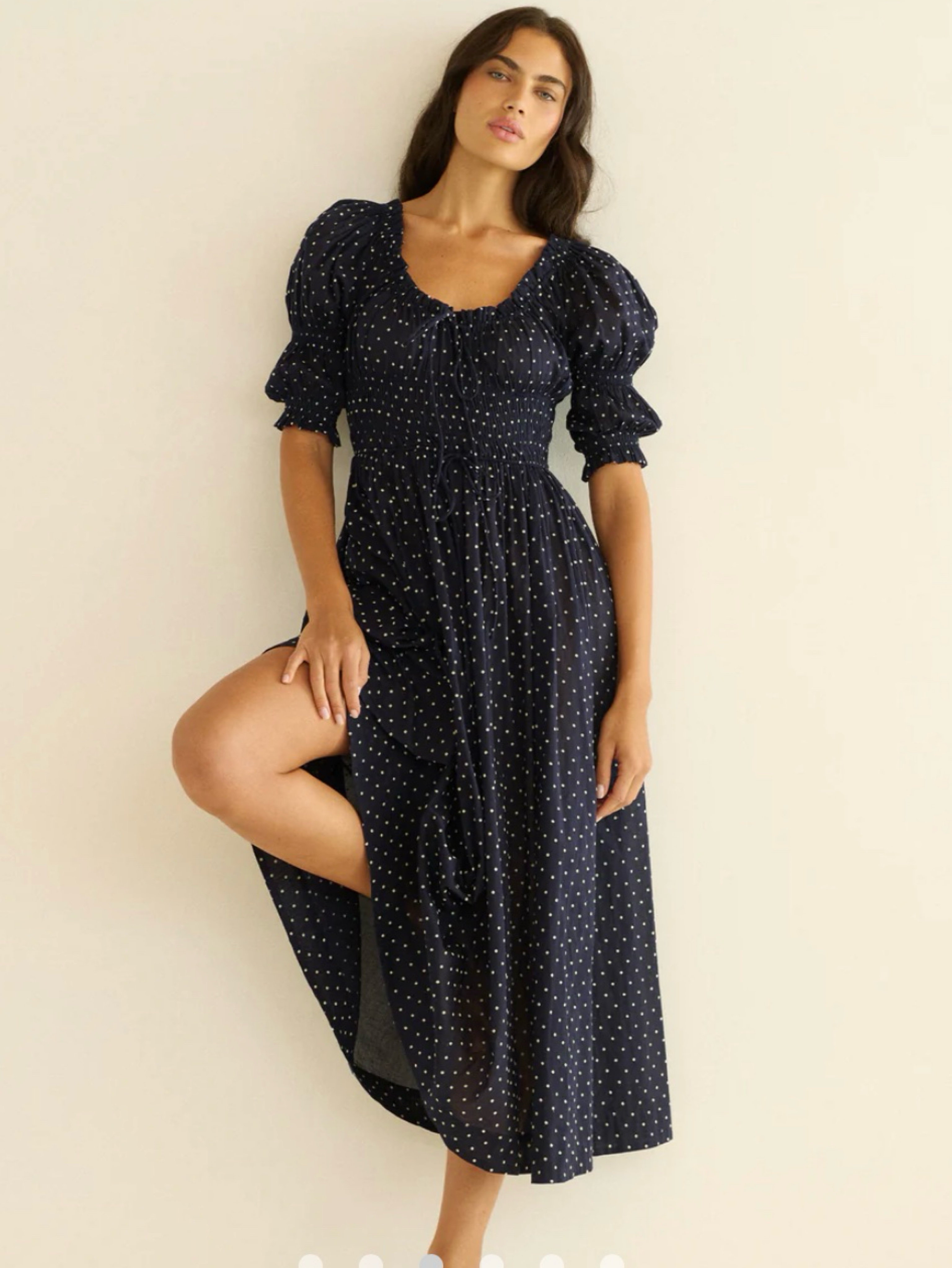 Doen Ischia Navy Polka Dot Puff Sleeve Midi Dress