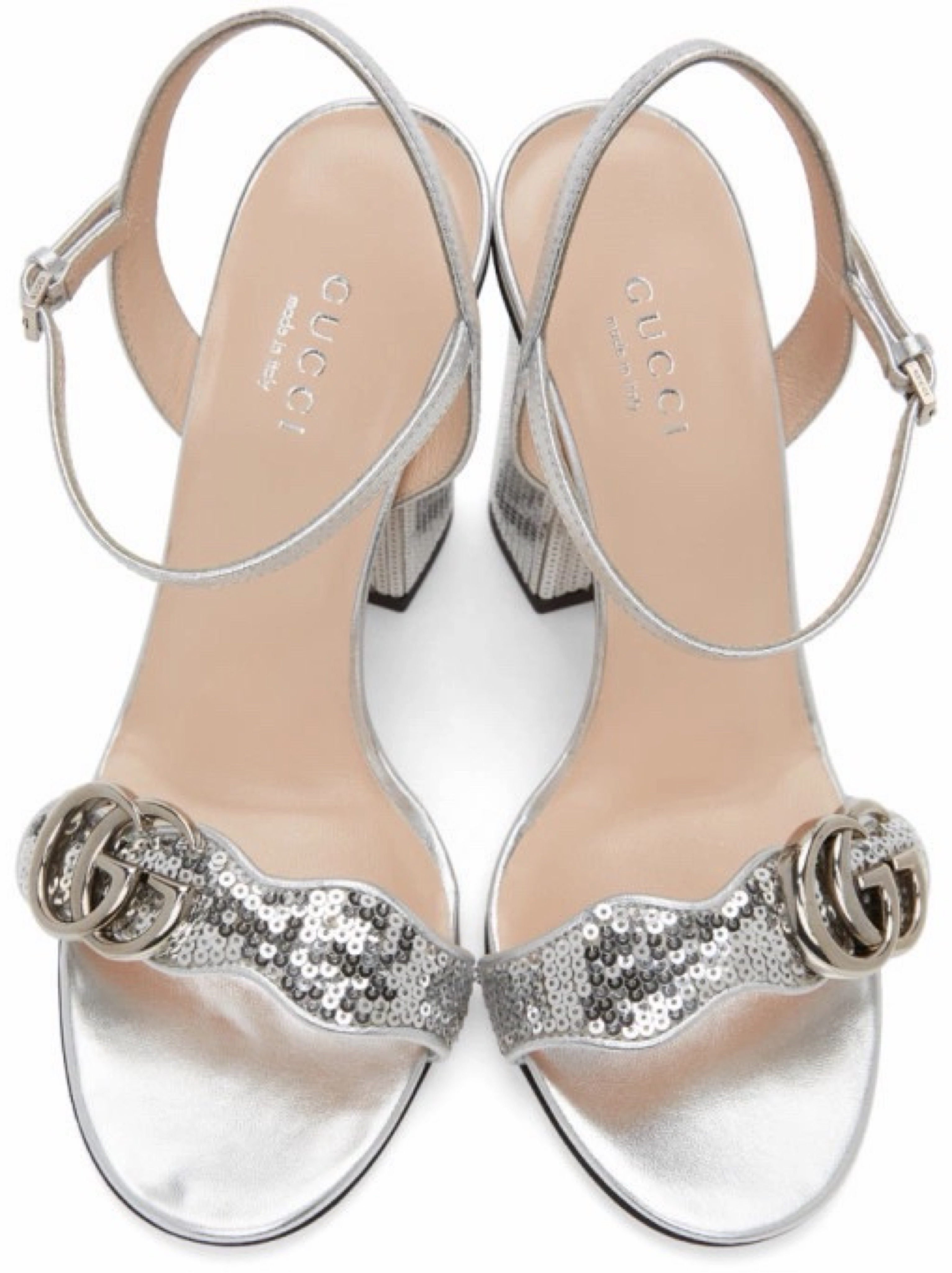 $950 Gucci Silver Sequin Block Heel Sandal by Gucci - Pickle