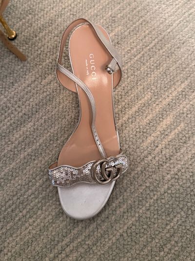 $950 Gucci Silver Sequin Block Heel Sandal by Gucci | Pickle