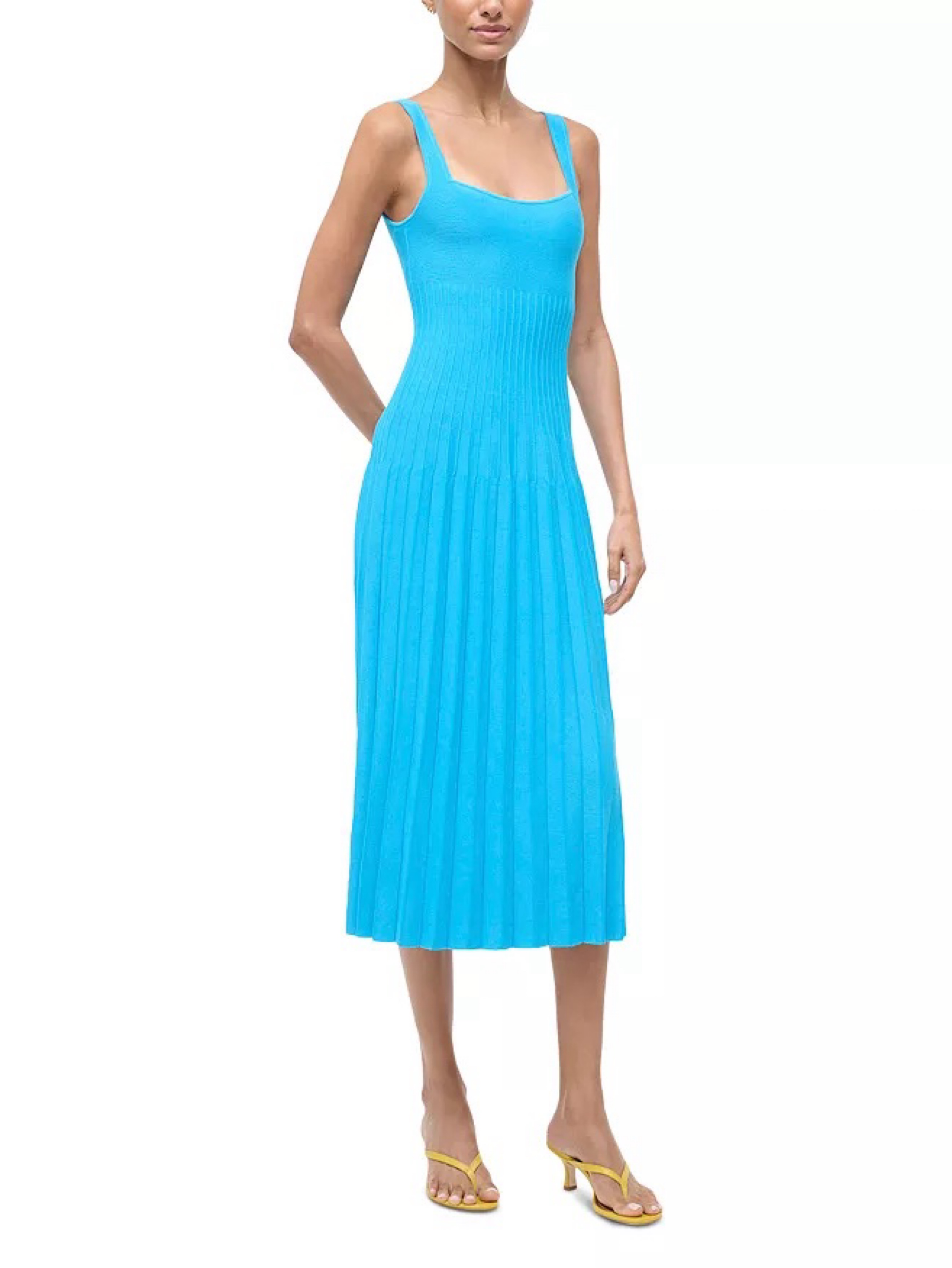 staud ellison rib-knit sleeveless midi-dress Staud Ellison Knit Midi Dress in Pool Blue by Staud