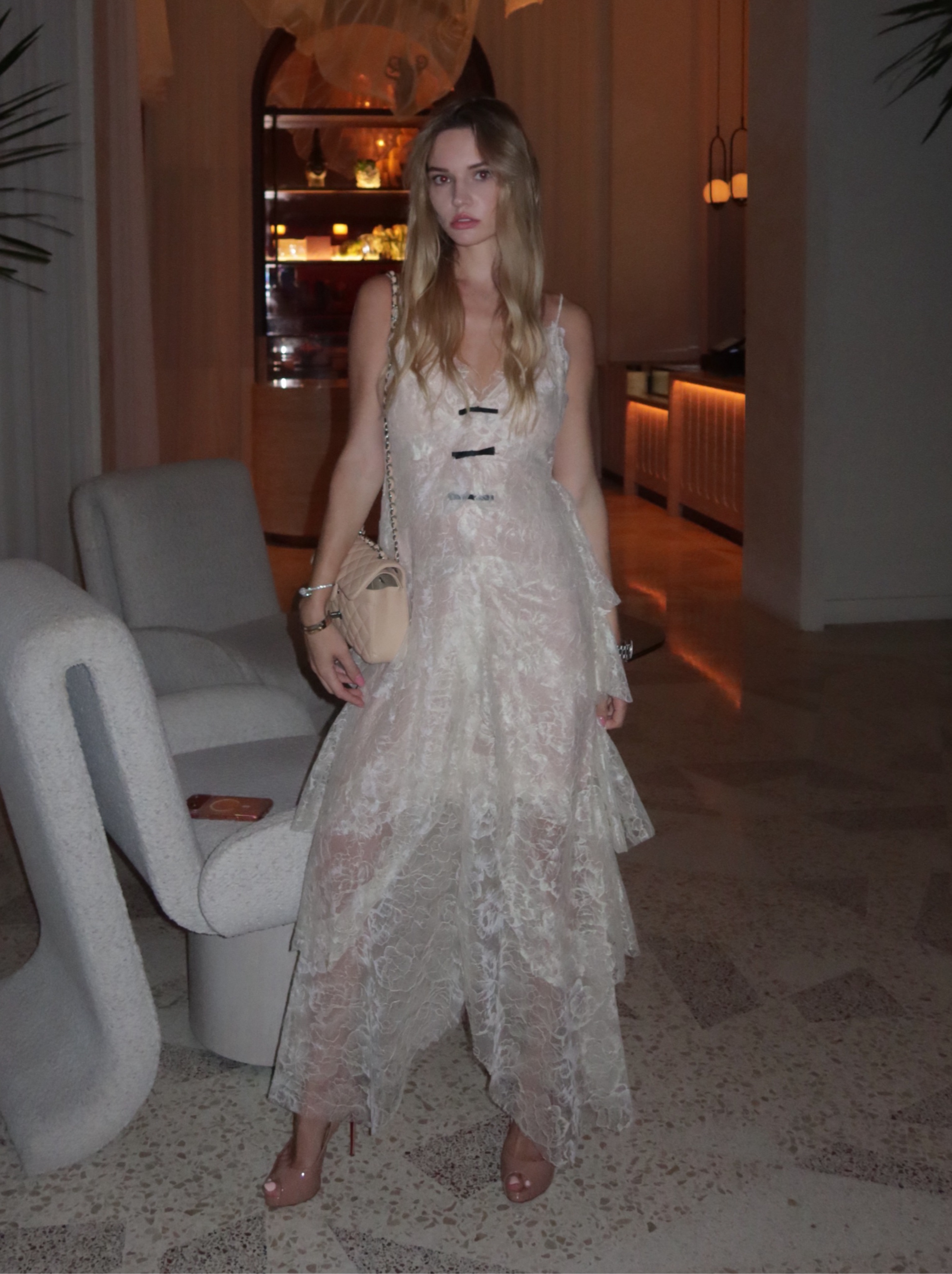 Miss Rosier Atousa Cream Layered Floral Lace Maxi Dress with Bow