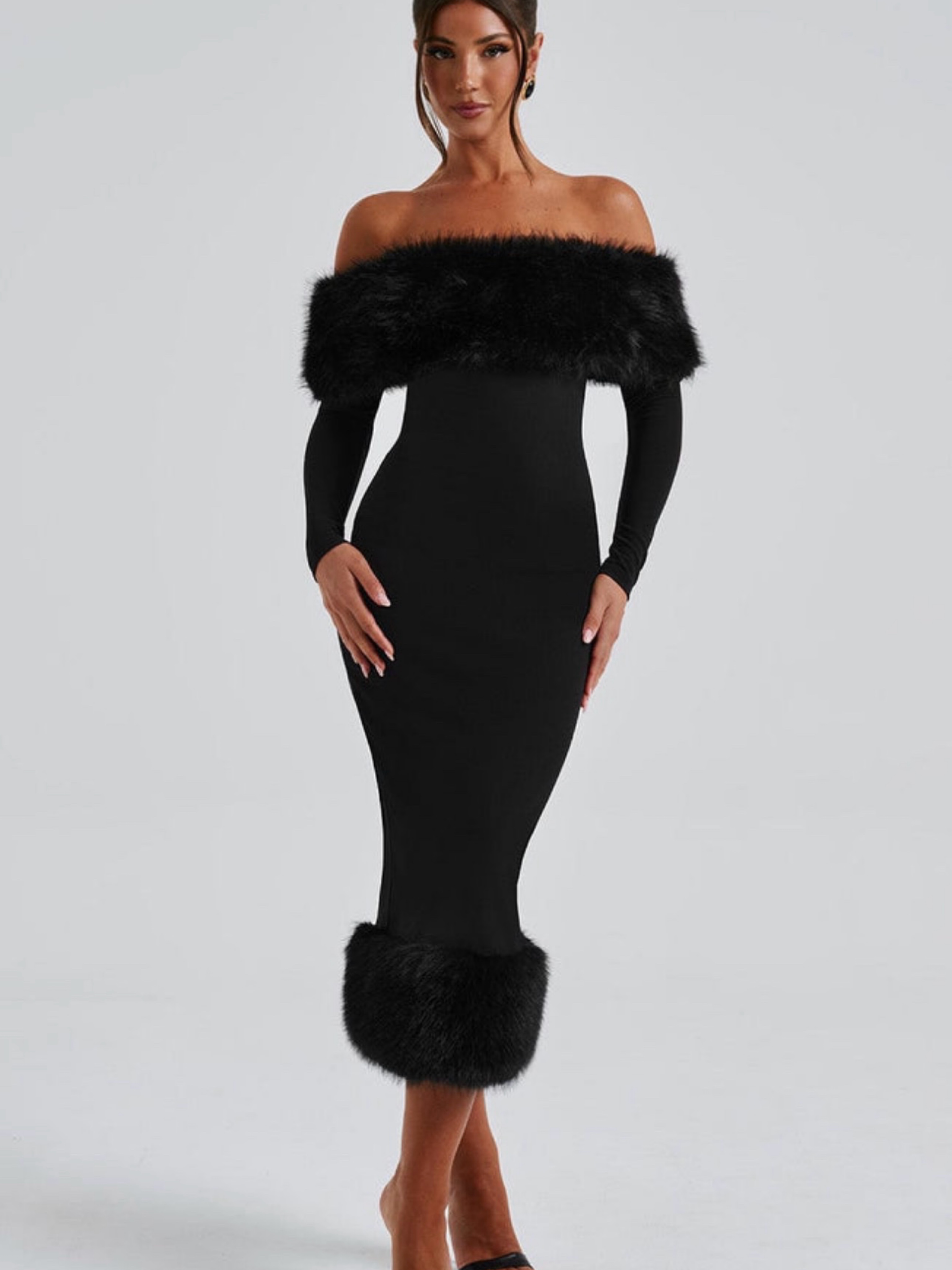 fuzzy black dress Firerie Women's Elegant Black Summer Night Out Stand Neck Fuzzy Trim Dress,Ladies  Party Contrast Fluffy Zipper Sleeveless Regular Fit Plain Short Tank Dresses