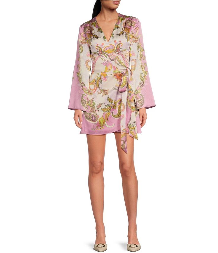 Gianni Bini pink paisley printed v satin long sleeve dress by Gianni Bini -  Pickle