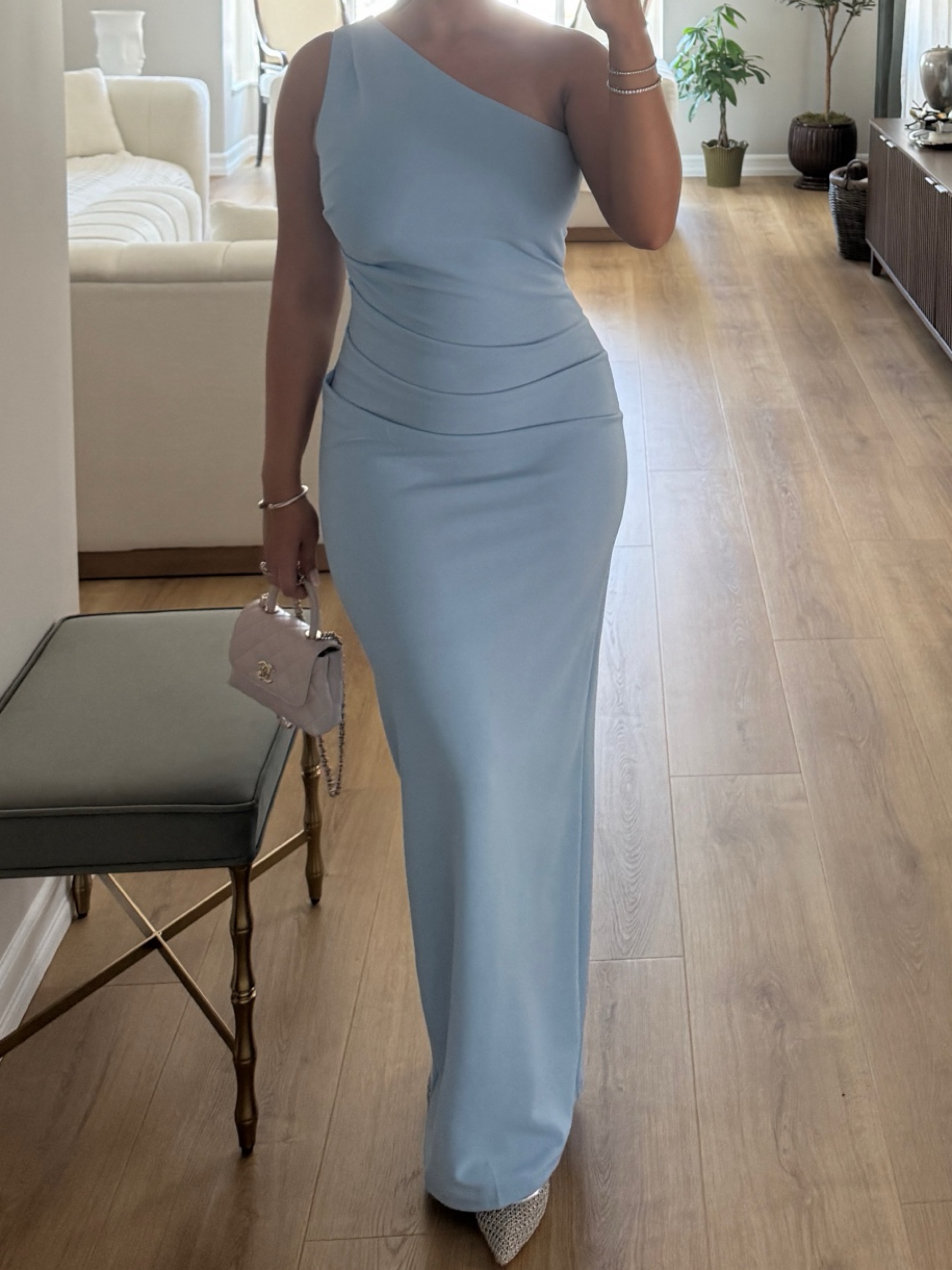 Show po Light Blue One-Shoulder Ruched Maxi Dress by Showpo
