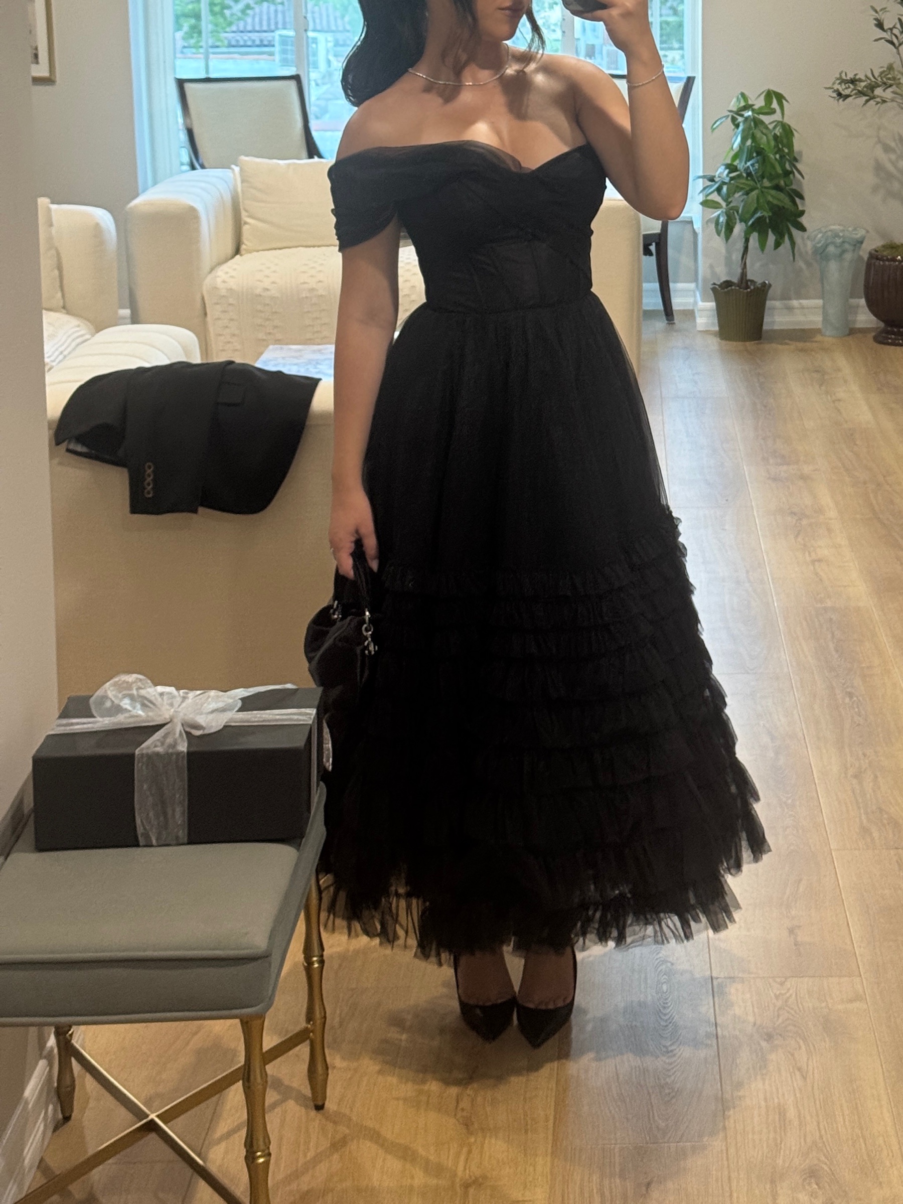 milla dress Black Tulle Off-Shoulder Midi Dress by Milla Maxi Color:Off White/Dusty Blue event: Daytime Shop Mesh Bardot Midaxi tie wedding or paired