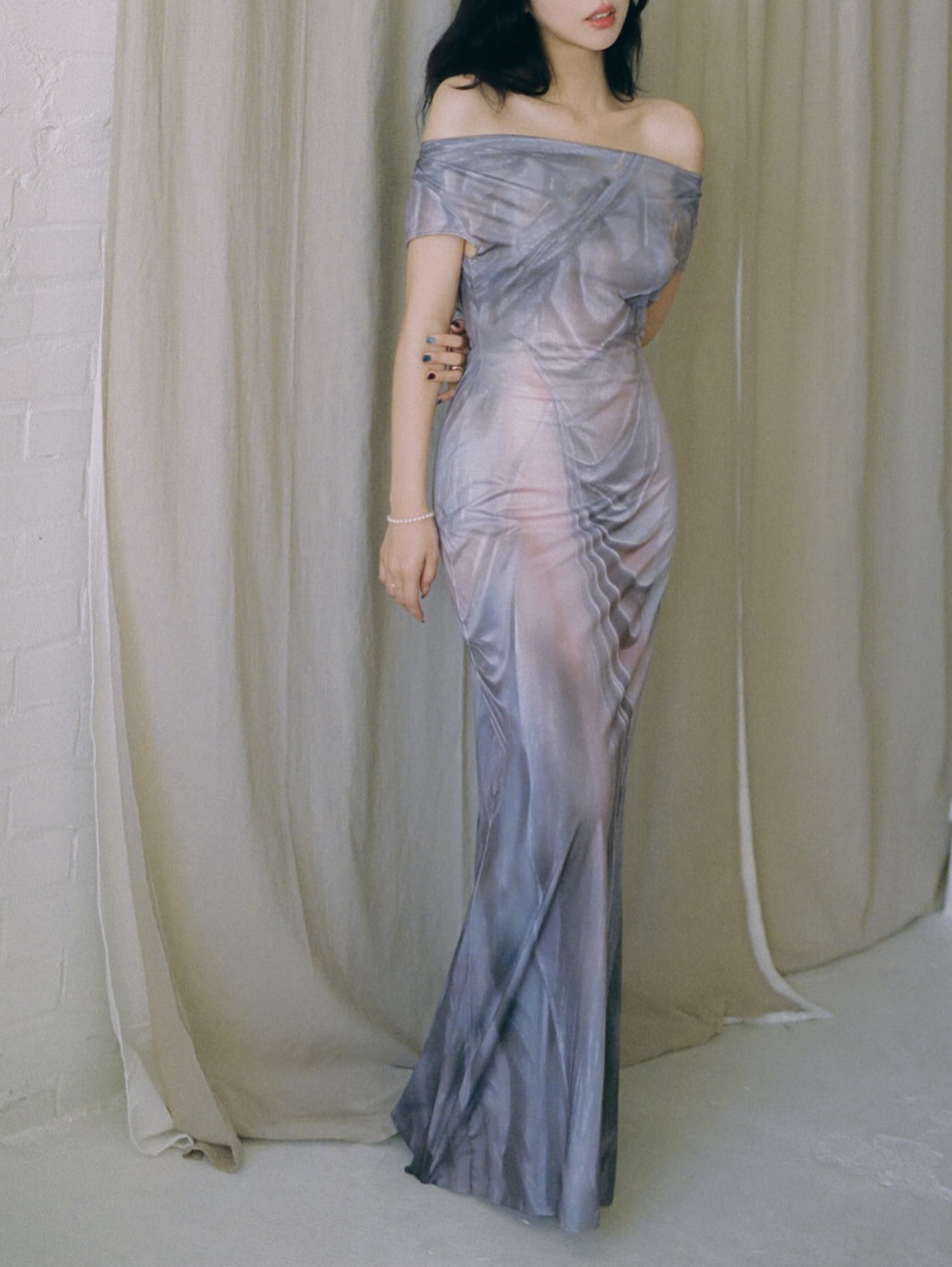 grey off the shoulder maxi dress Trompe L'Oeil Draped Statue Print by Other off shoulder knit top
