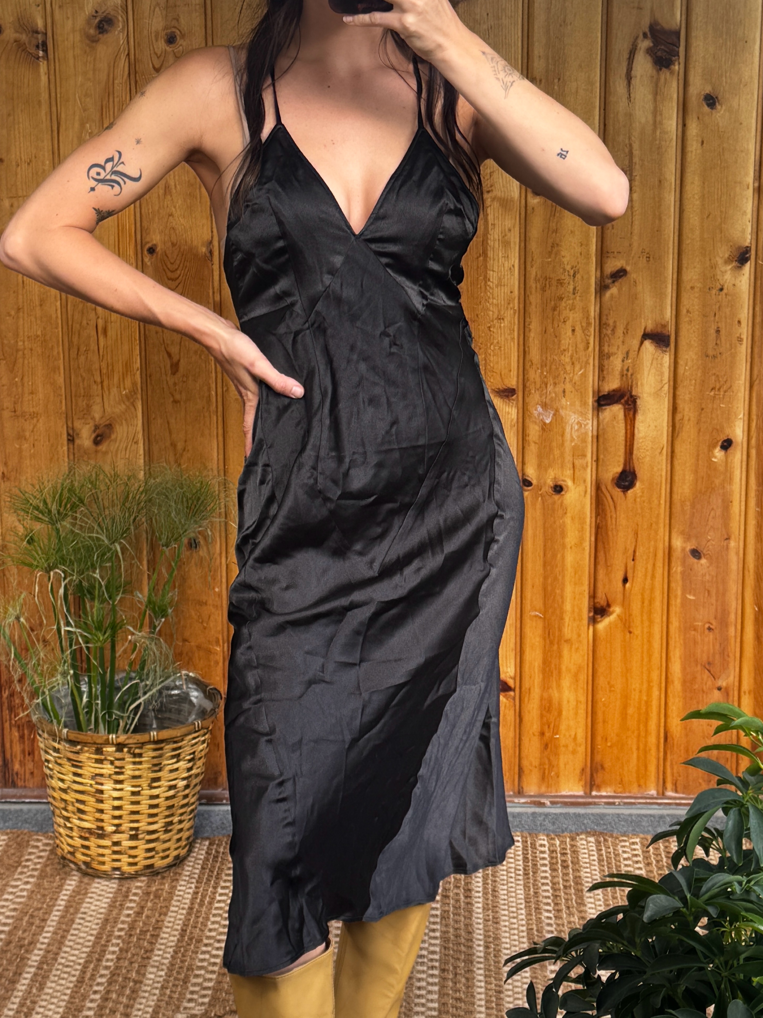 free people black satin dress NEW FREE PEOPLE Sz 0 BEATRICE SATIN PLUNGE MAXI DRESS GOWN IN BLACK