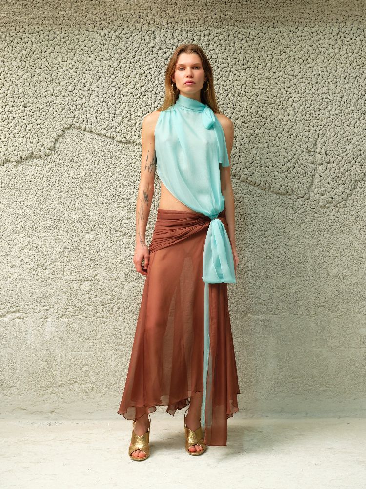 SIEDR脡S DALIA - Two-Tone Draped Chiffon Gown with Bow Detail