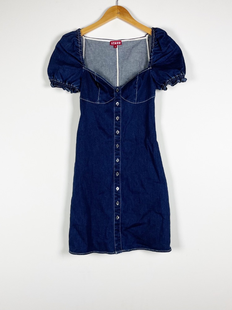 staud denim dress Sur Sweetheart Neck Cotton Stretch Puff Sleeve Mini Jean 0 by Staud Christmas dresses Size:US26W Beading Elegant A Line Bateau 1% spandex Machine wash