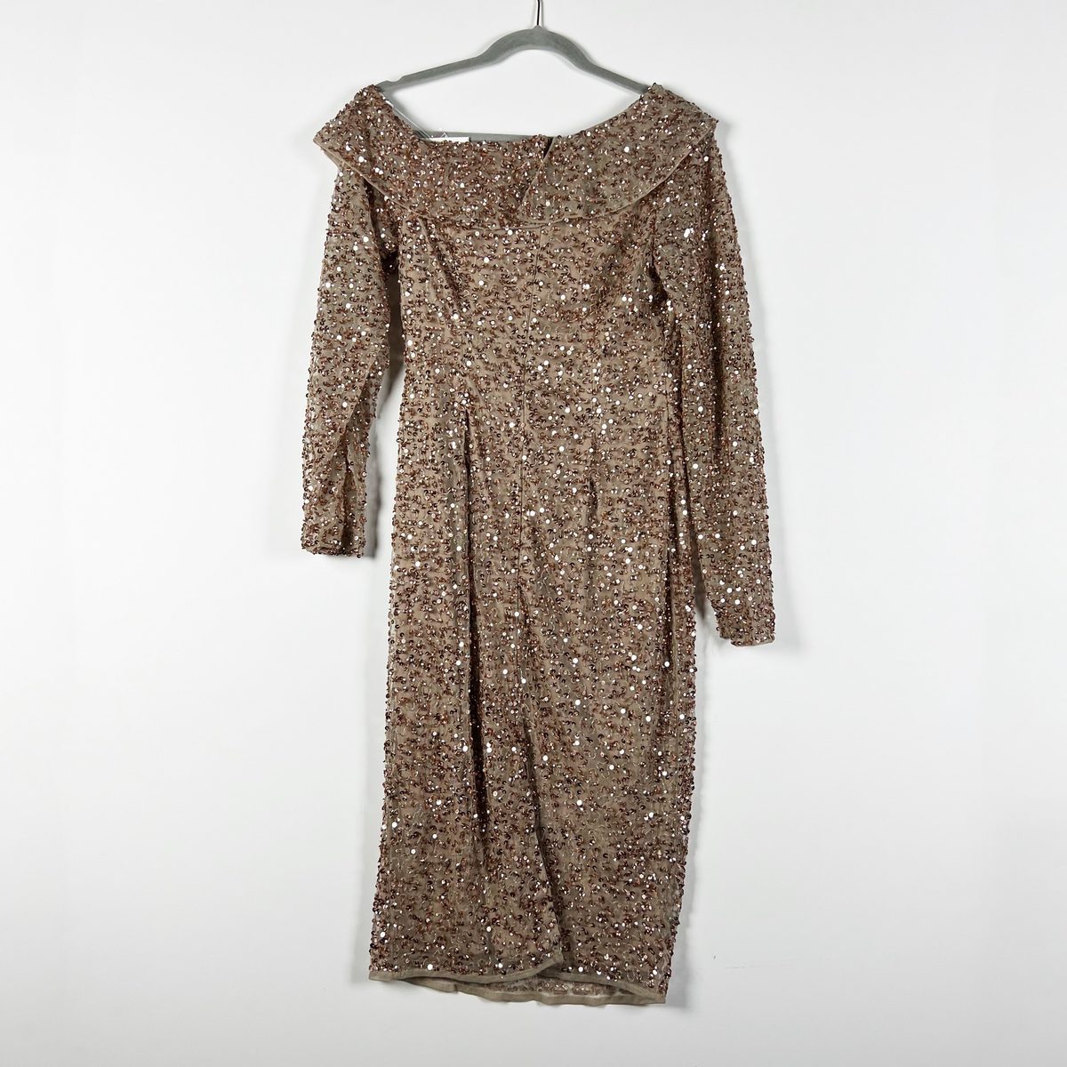 gold sequin dress knee length ELIZA J Sequin Drape Neck Knee-length Cocktail Dress Sz 6 Gold