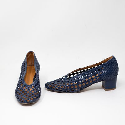 Sezane Anya Genuine Leather Crochet Woven Block High Heels Shoes