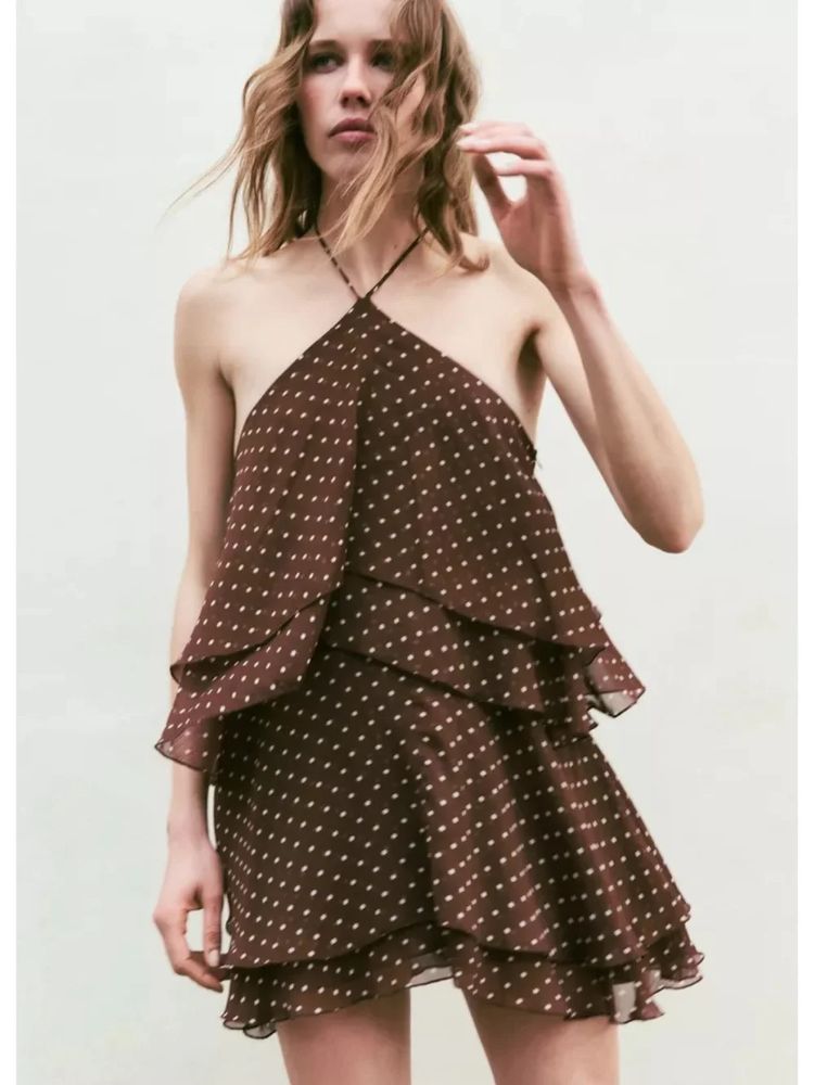 Zara Brown Polka Dot Mini Halter Dress by Zara