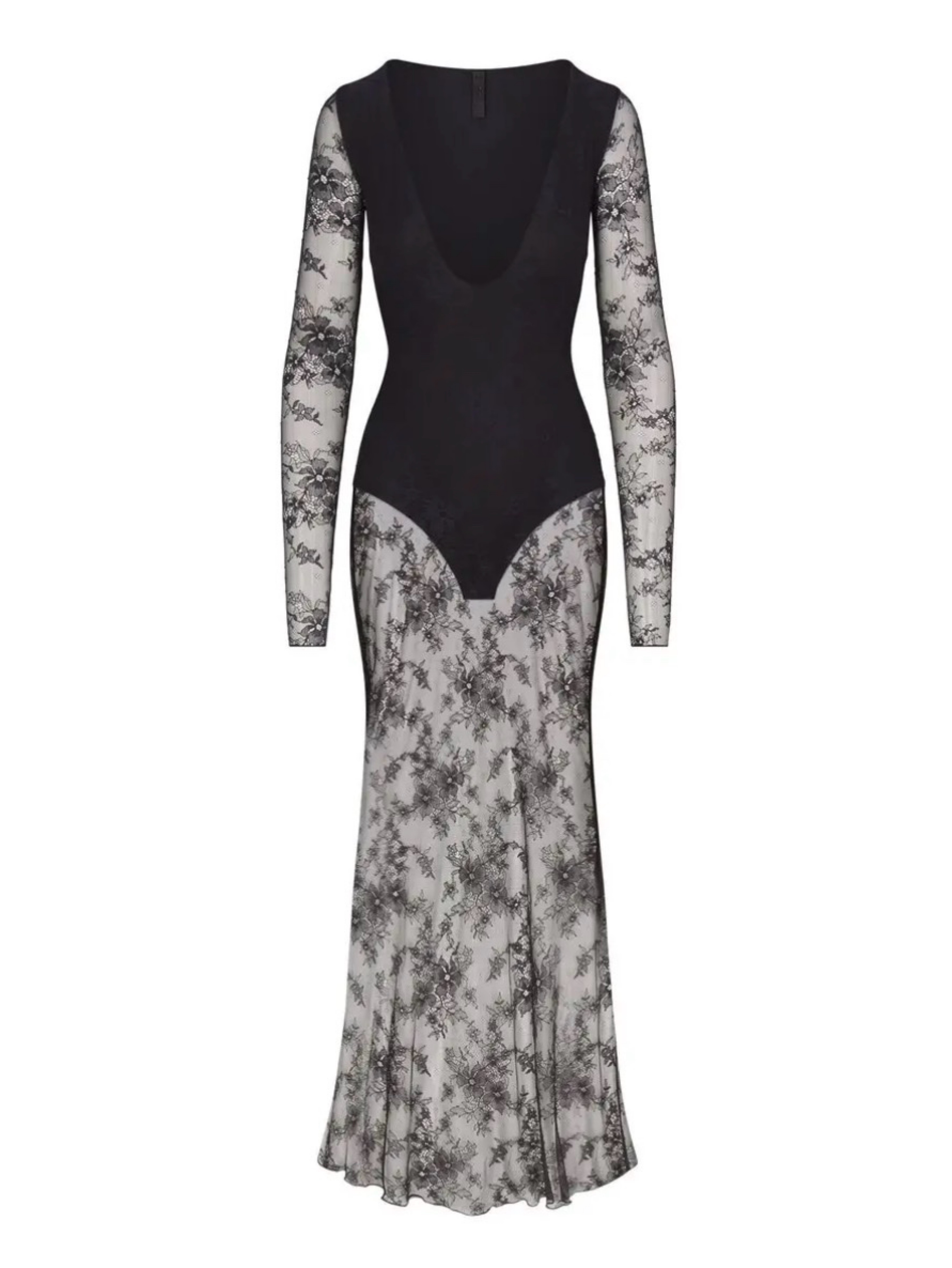 skims lace long sleeve dress Skims Soft Lounge Lace Long Sleeve Dress With Bralette - Onyx