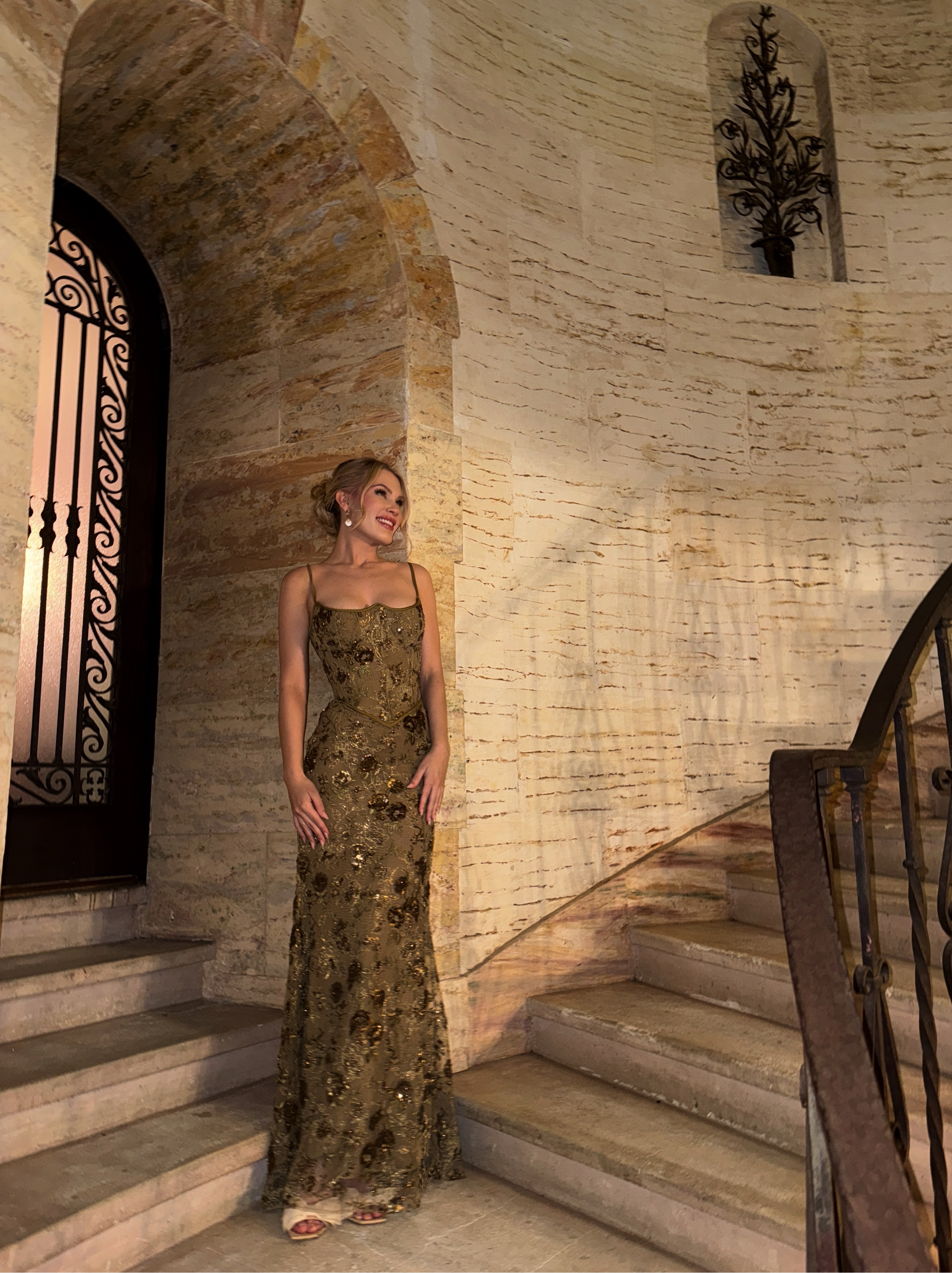house of cb olive green dress 'Naima' Olive Bronze Hand Beaded Embellished Corset Maxi Dress Li