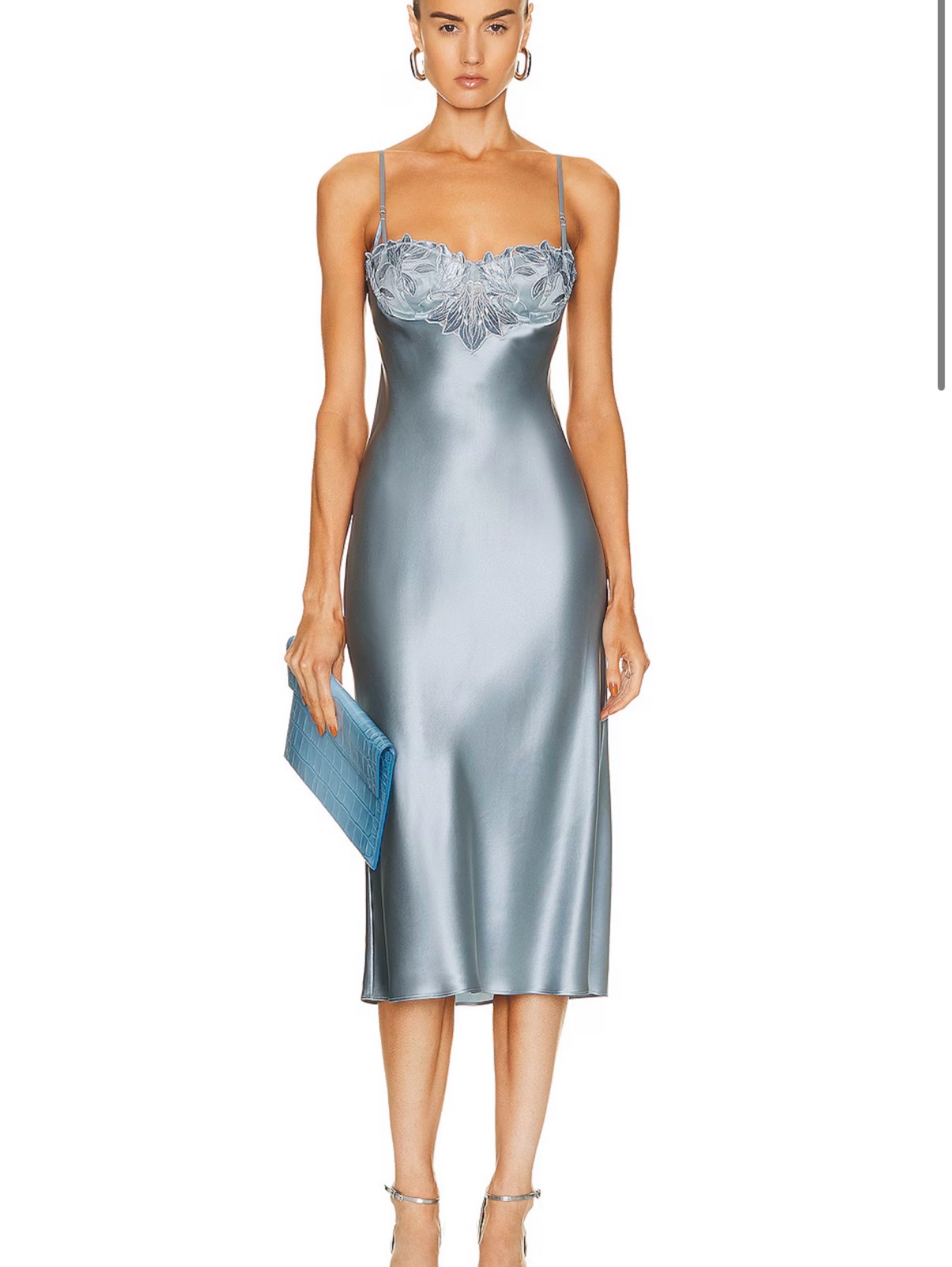 FLEUR DU MAL Velvet Lily Embroidery Slip Dress - Steel Blue - US Large 8/10