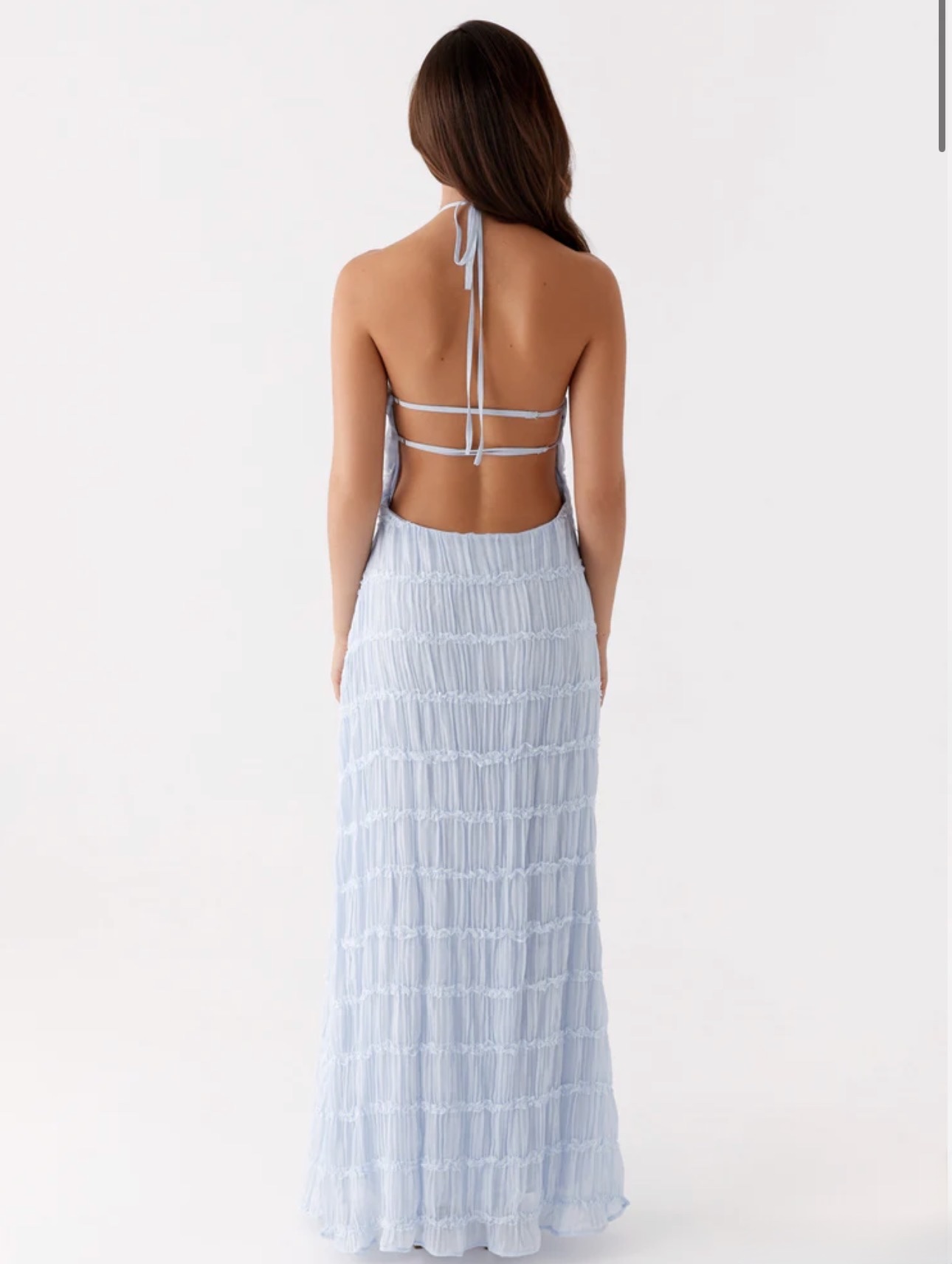 peppermayo light blue dress Rush | Carmel Maxi Dress 114 cm / 44.88 in Olivia is 170cm and wears a size AU 6 / and US 2 Pepper Mayo Eden Strapless Maxi