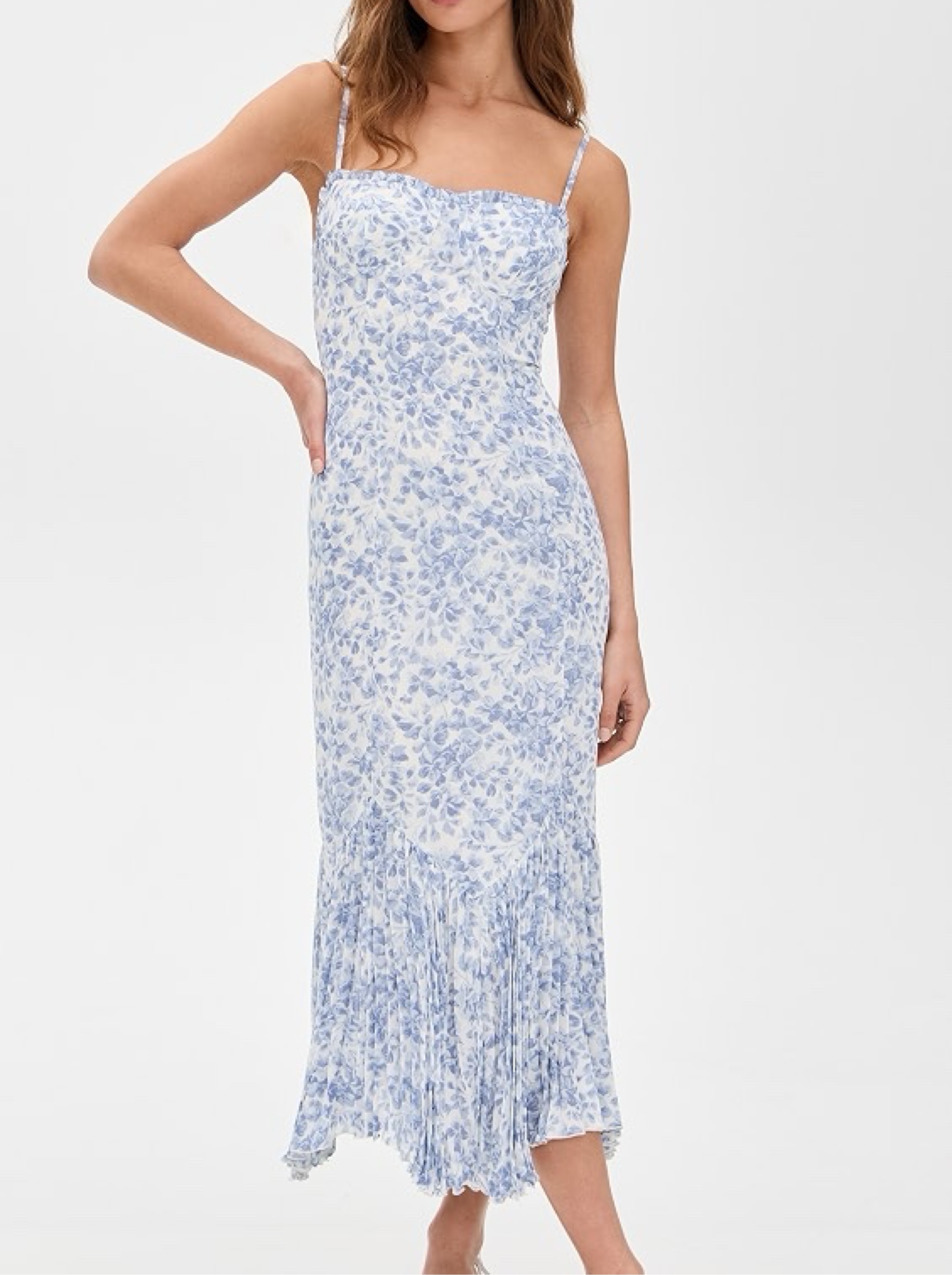 Reformation Blue Floral Print Aiko Pleated Midi Dress