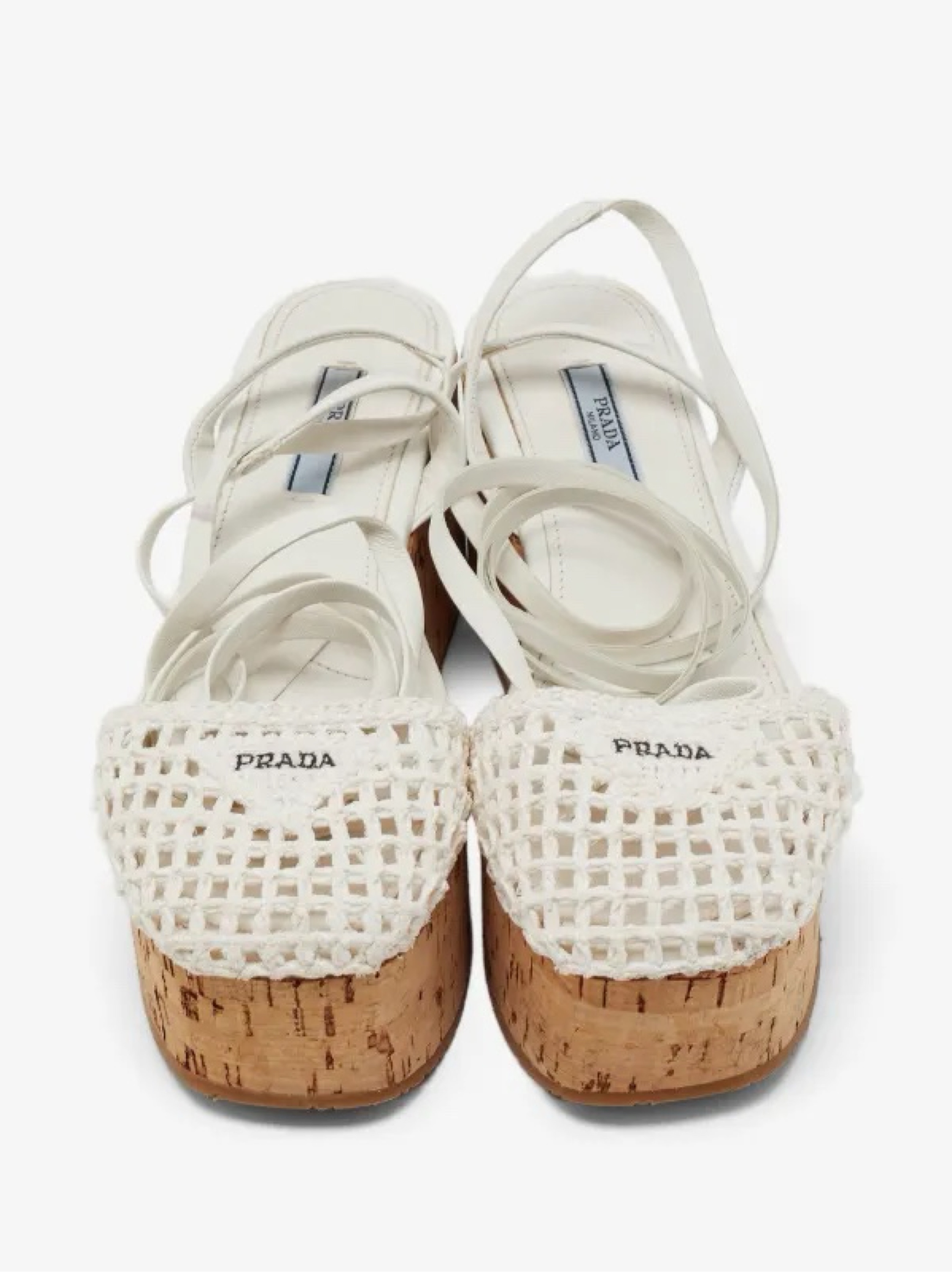 Prada White Raffia Platform Pumps Lace Up