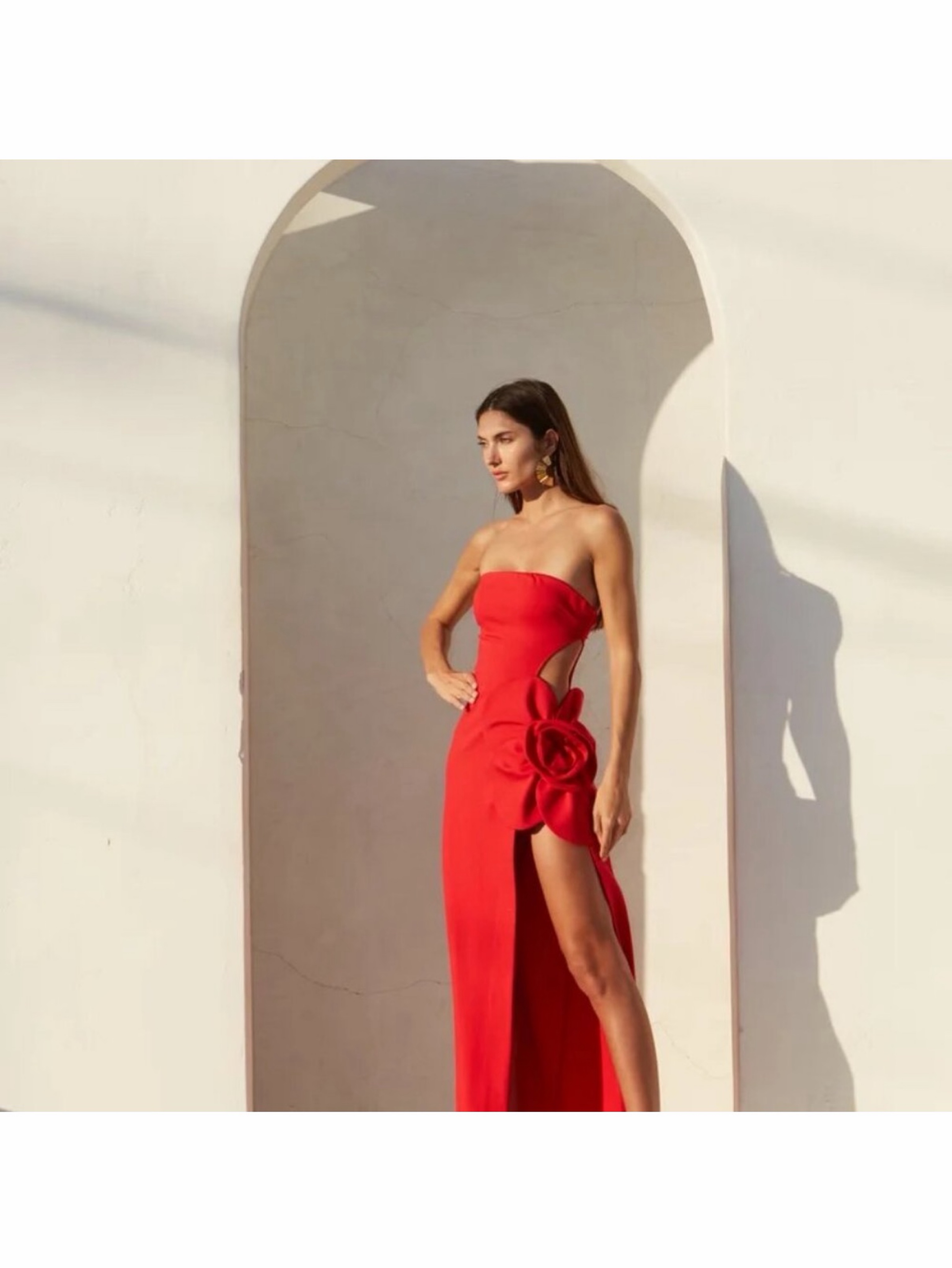 Red Strapless High-Low Midi Dress