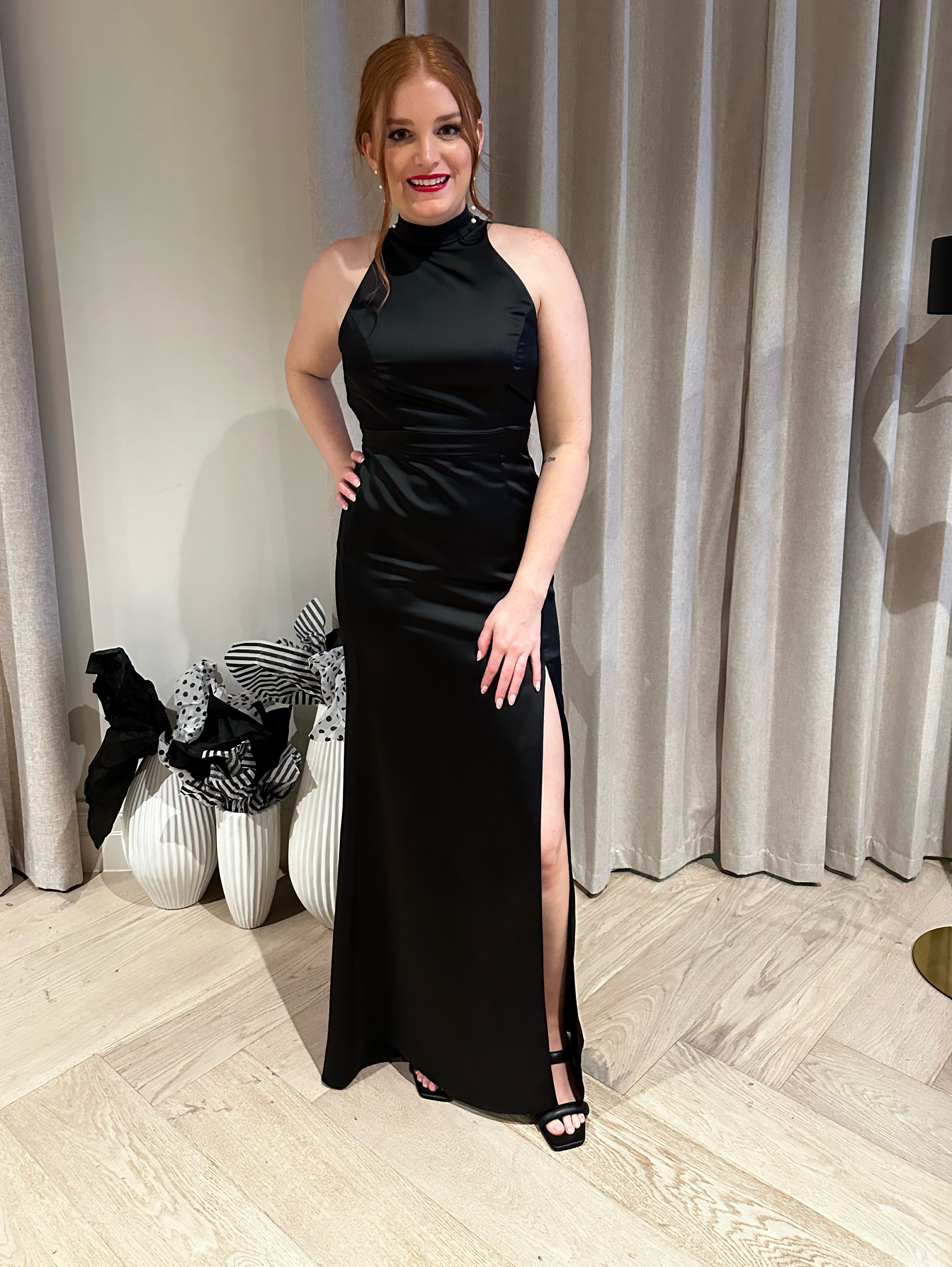 Black Charmeuse Bridesmaid Wedding Guest Gown, Floor Length Halter Neck  Backless by Dessy - Pickle