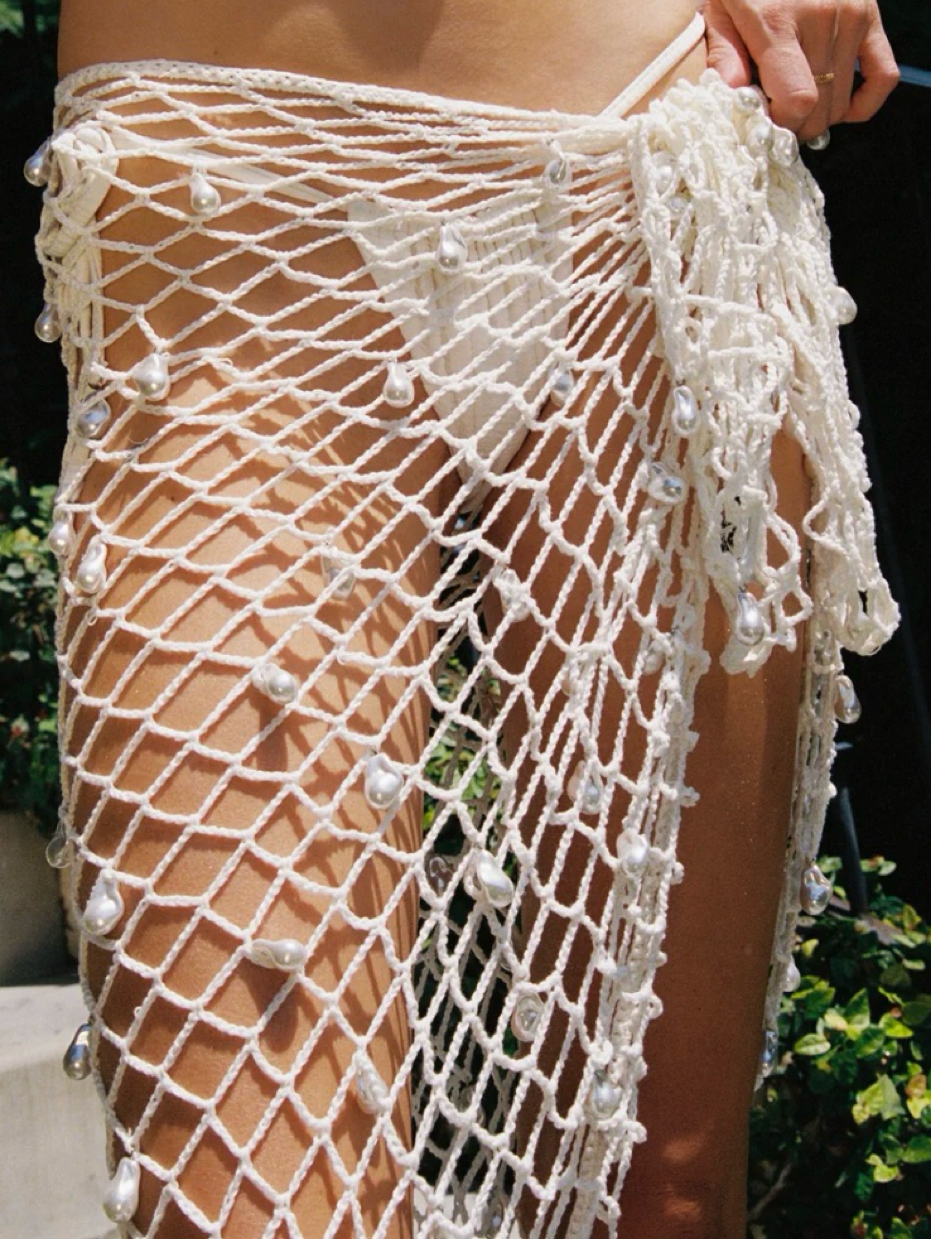 White Netted Crochet Wrap Sarong with Pearls