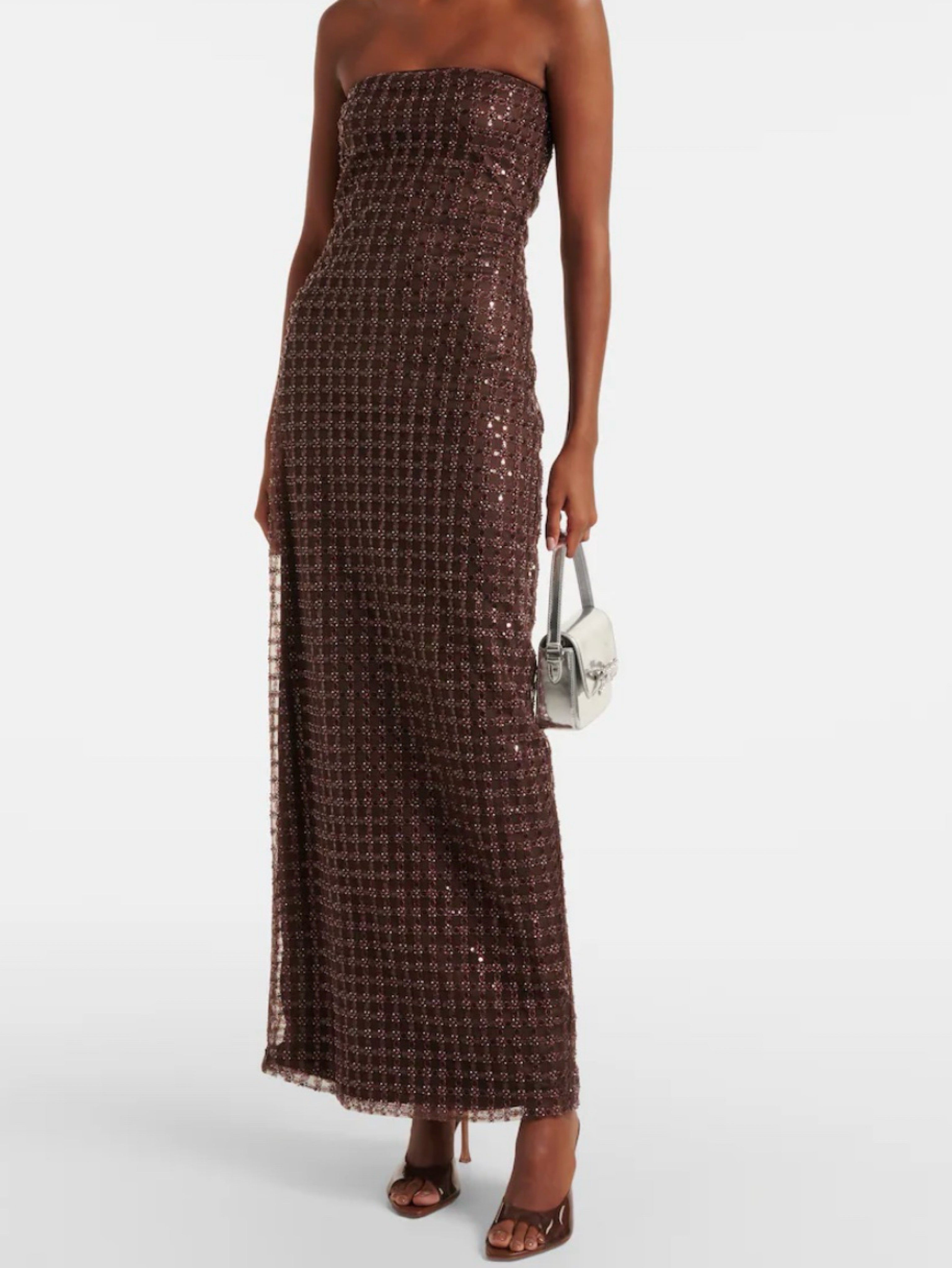 Brown Sequin Strapless Maxi Dress