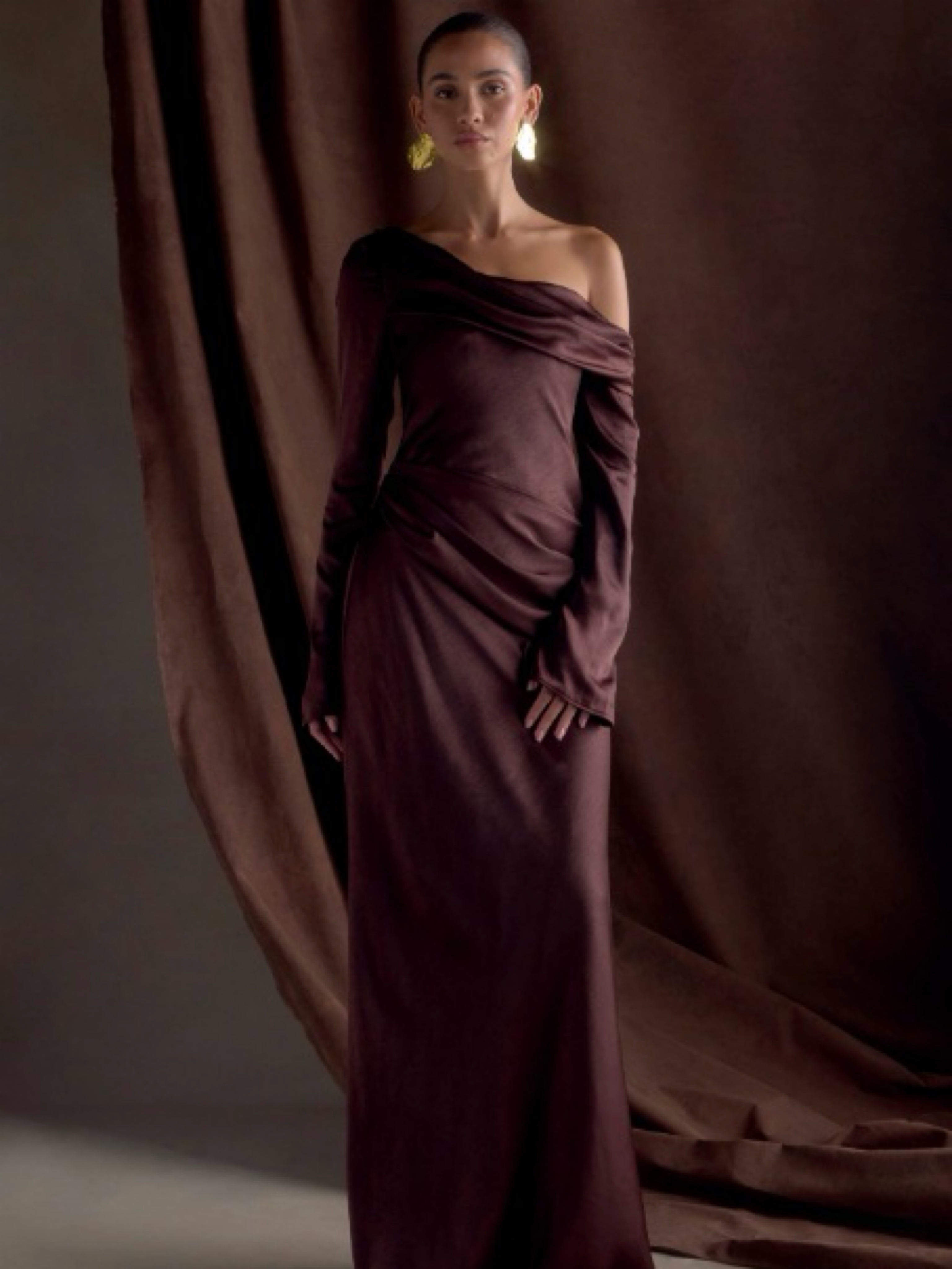 Dark Chocolate Off-Shoulder Satin Gown