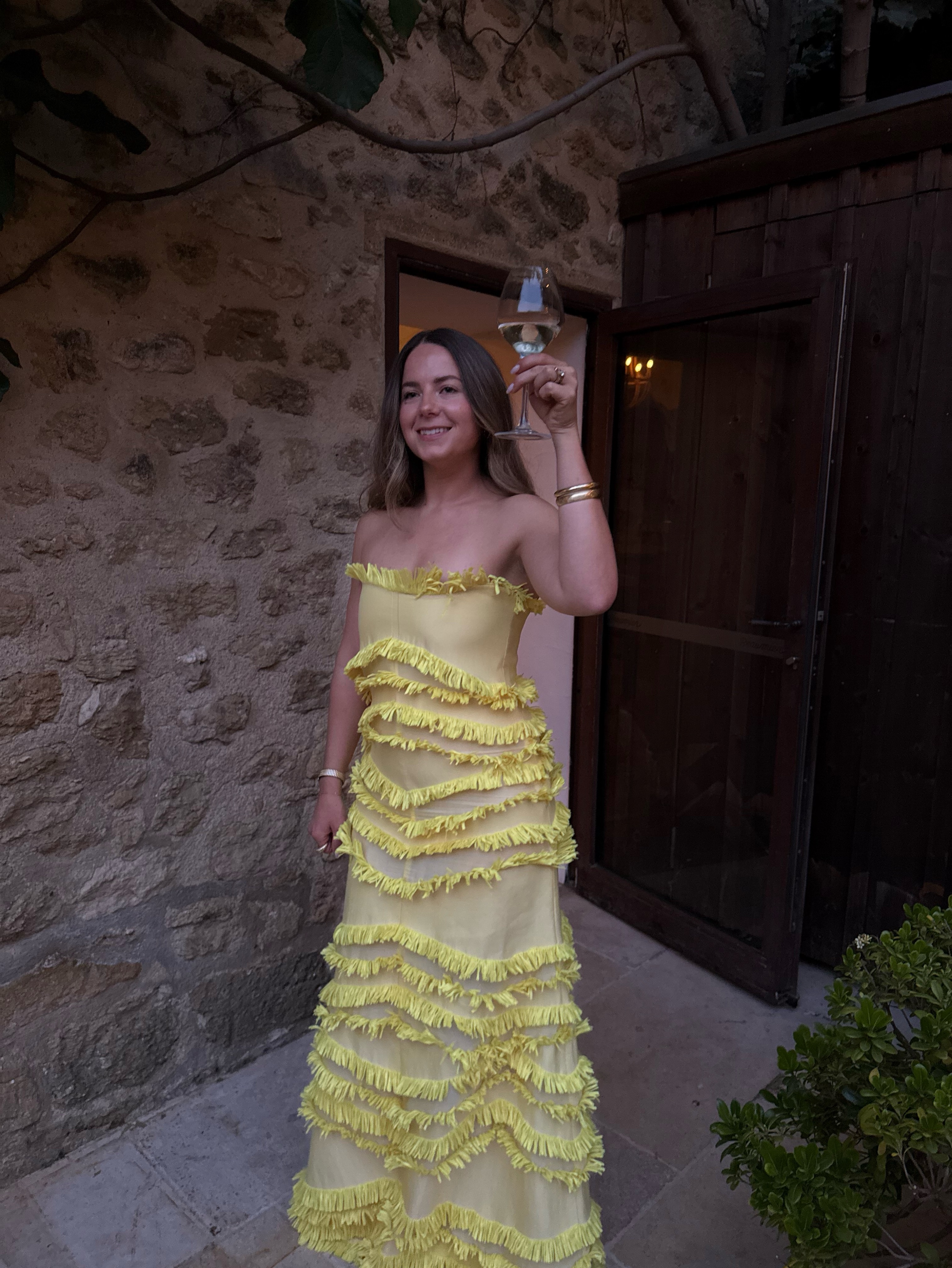Yellow Tiered Fringe Strapless Maxi Dress