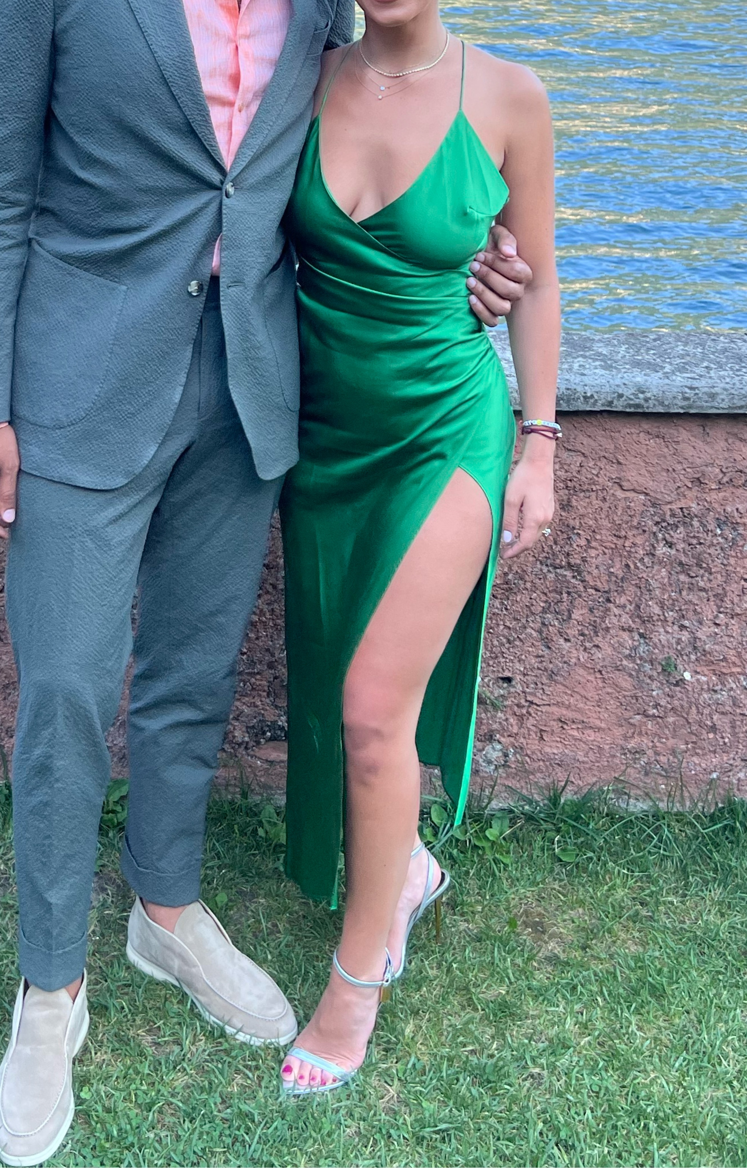 revolve green silk dress Amanda Uprichard X REVOLVE Arial Mini Dress Dark Green Silk L NWOT $268