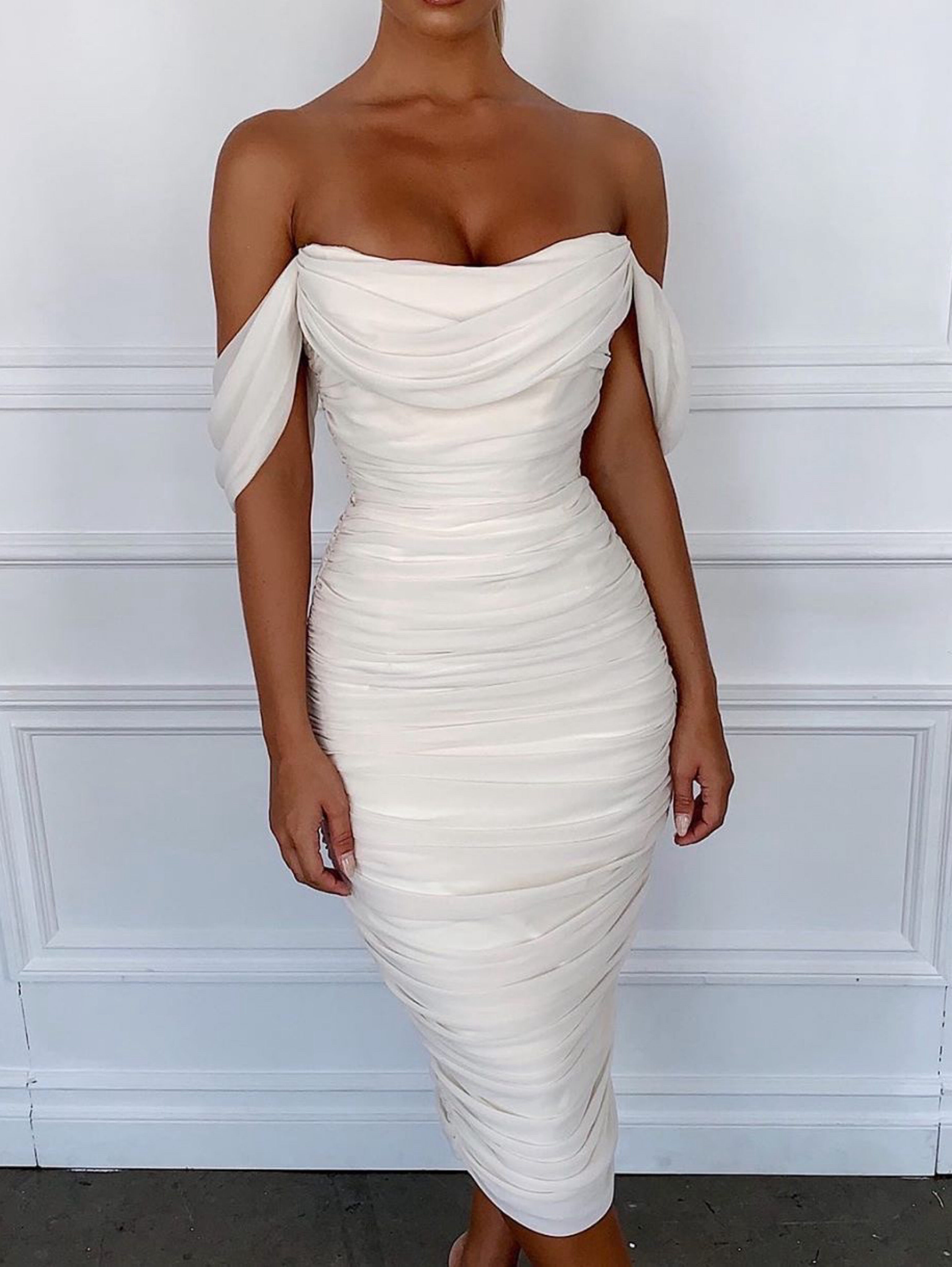 house of cb white ruched dress 'Pearla' Ivory Ruched Maxi Dress