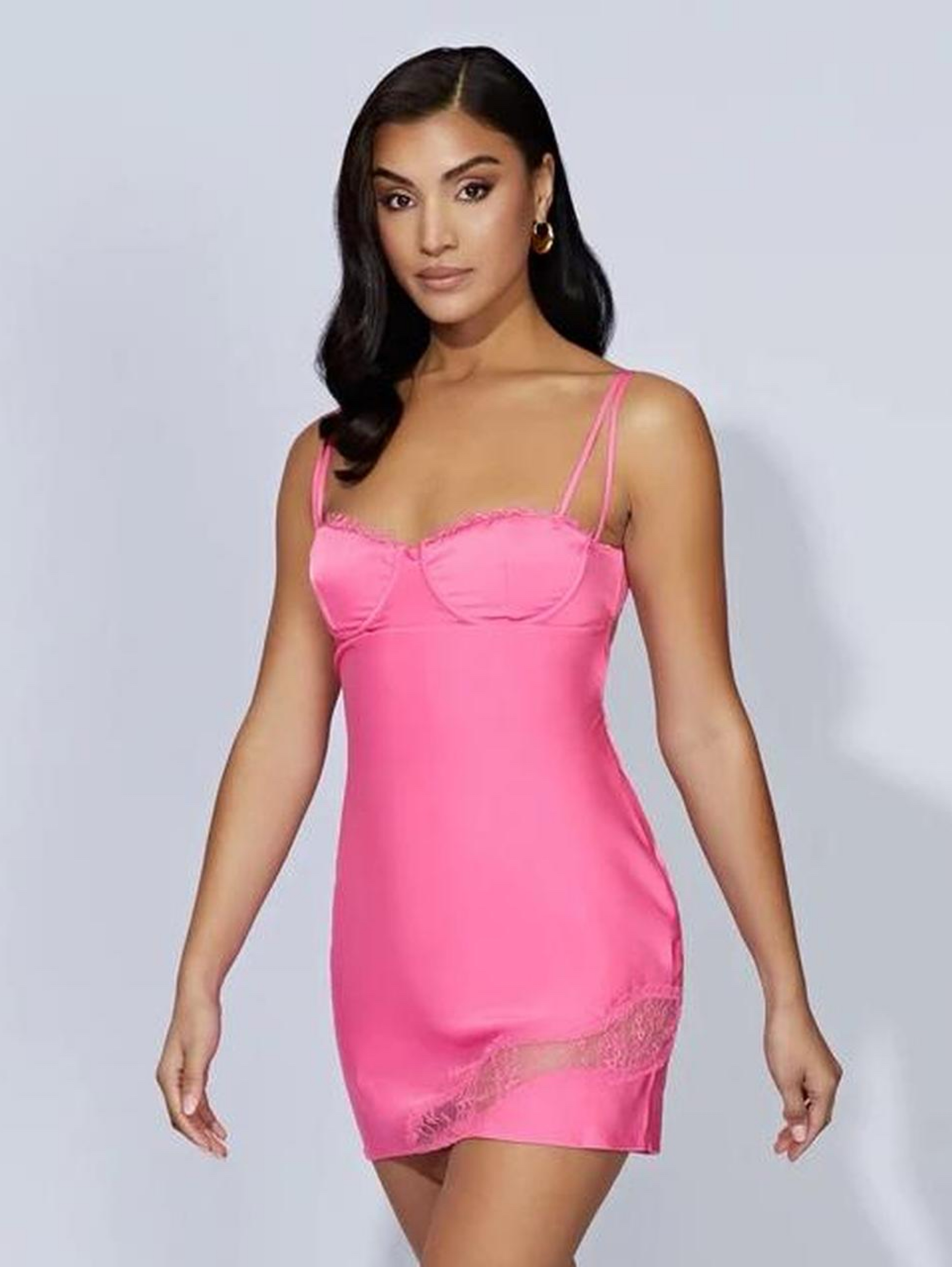 womens short pink lace silk dress self-portrait - Pink Lace Satin Mini Dress