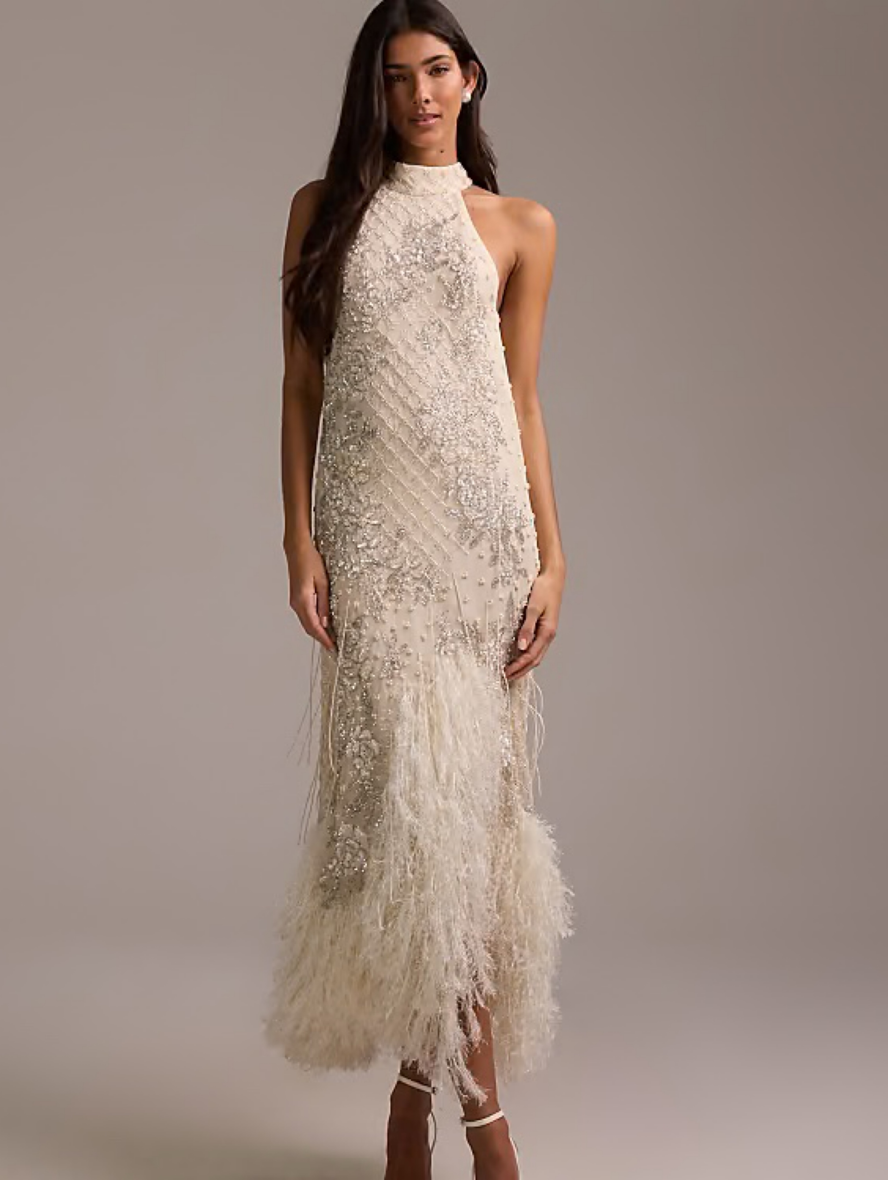 ASOS DESIGN Floral Embellished Halter Ivory Fringe Maxi Dress 6 (SMALL/MEDIUM)