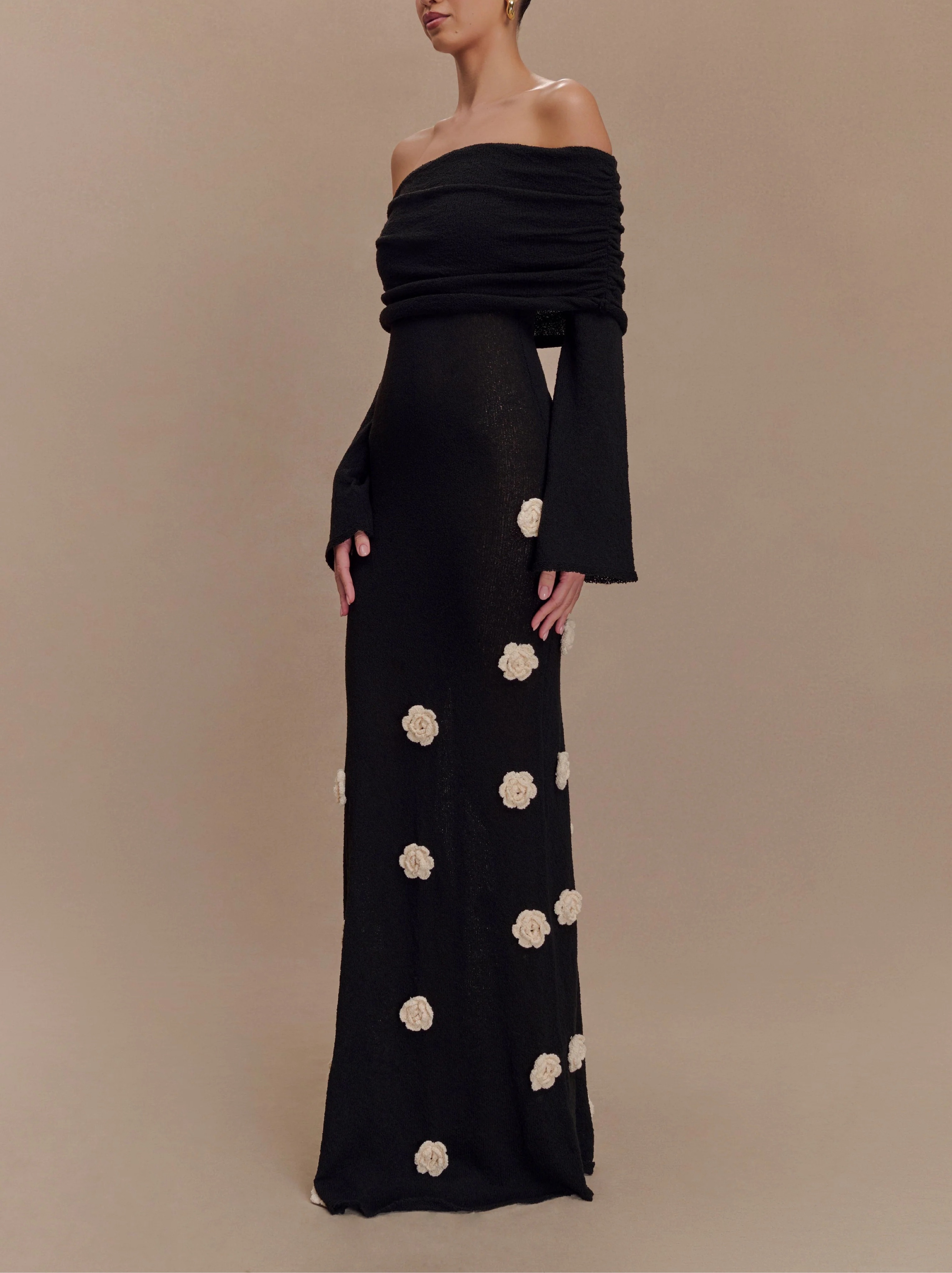off shoulder knit rose maxi dress Meshki - Kiki Off Shoulder Knit Rose Maxi Dress