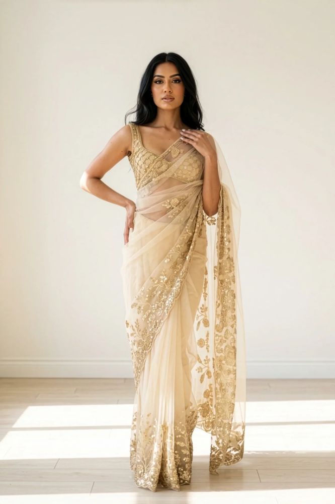 Cream Embroidered Saree Dress