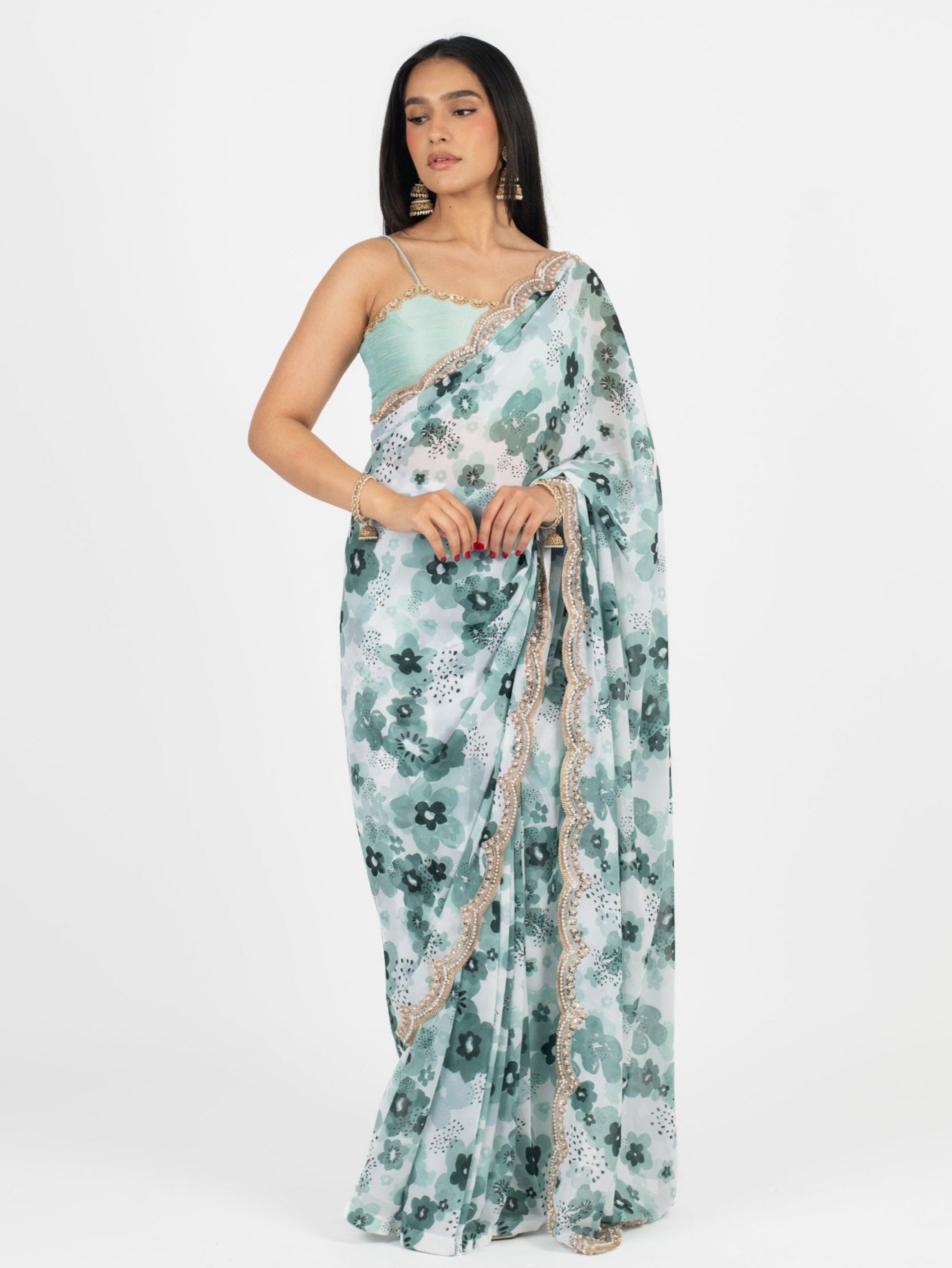 Mint Floral Embroidered Saree