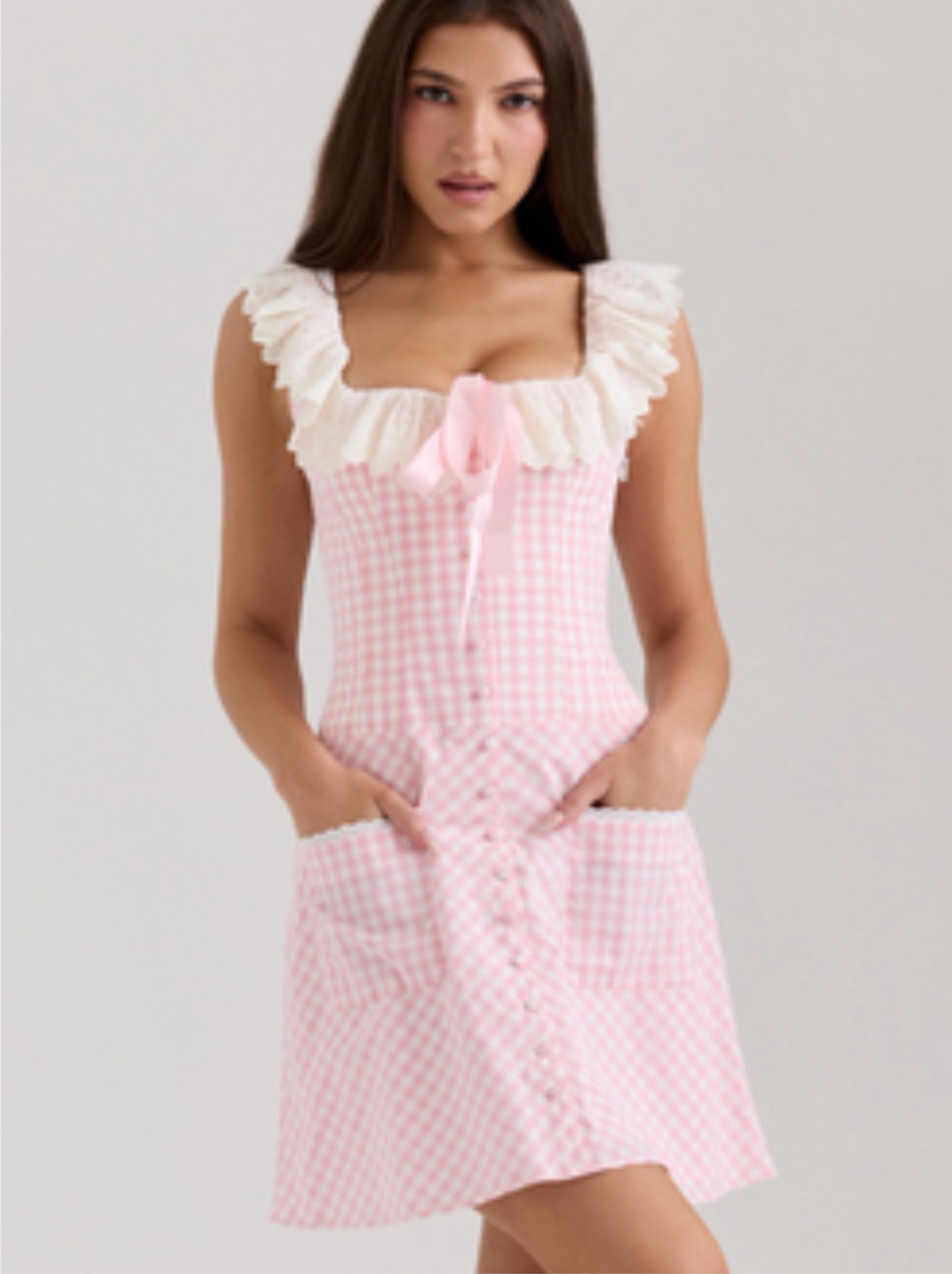 Astra Pink Gingham Cotton Ruffle Neck Mini Dress