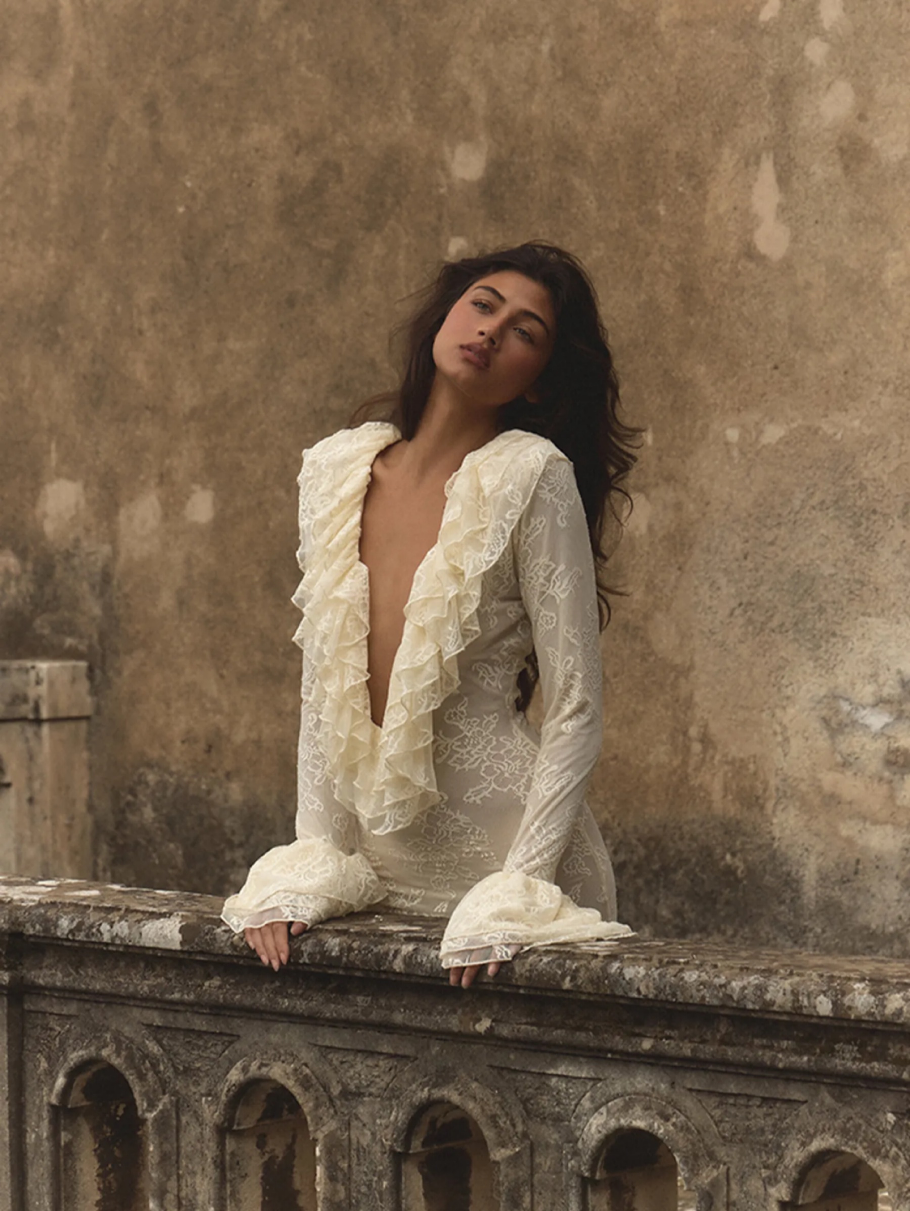 Cream Lace Ruffle Long Dress by PLT | Pickle