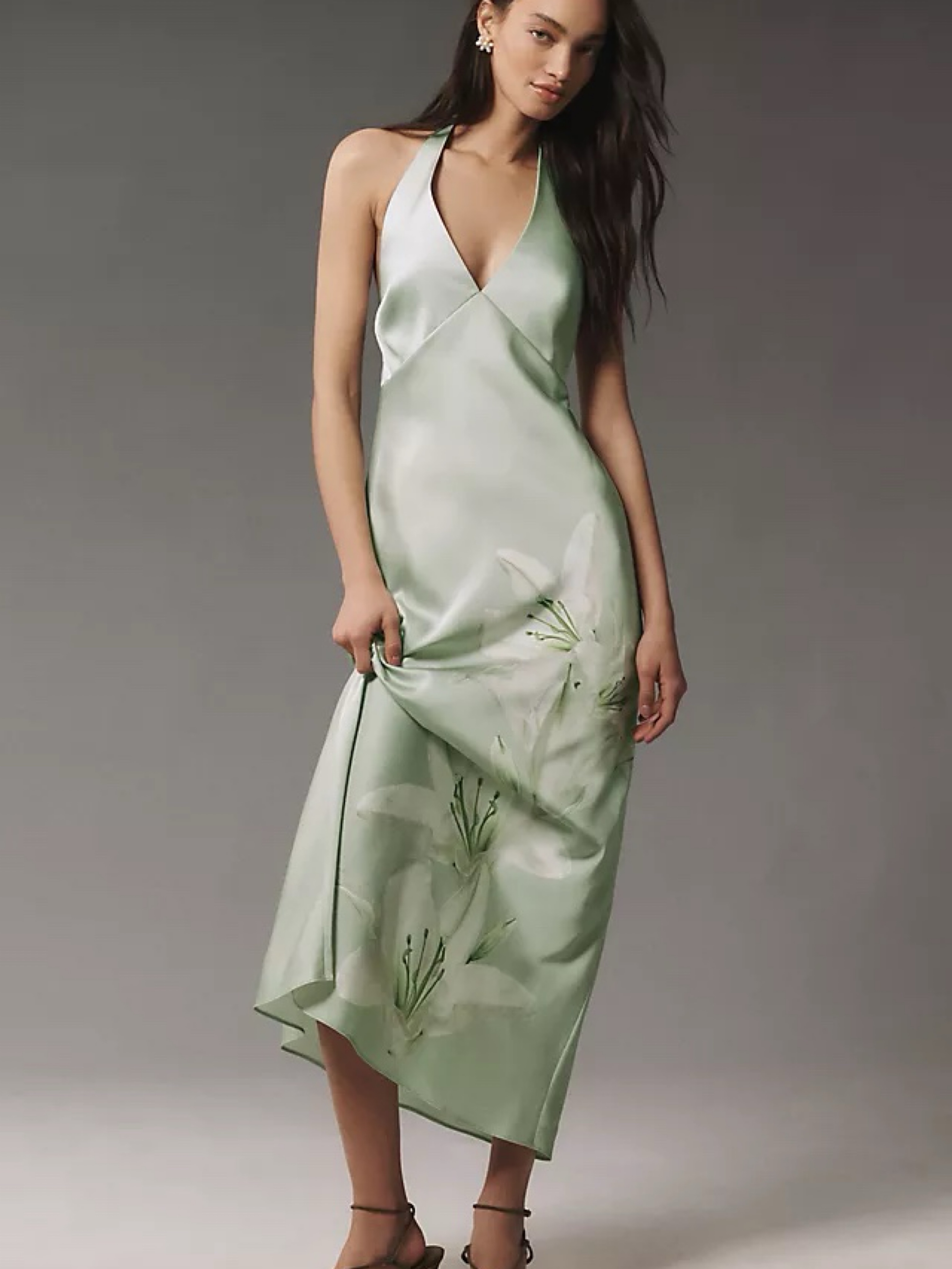 sage green halter dress Ruched Keyhole Back Charmeuse Mermaid Bridesmaid elongated silhouette ASOS DESIGN Curve Bridesmaid satin