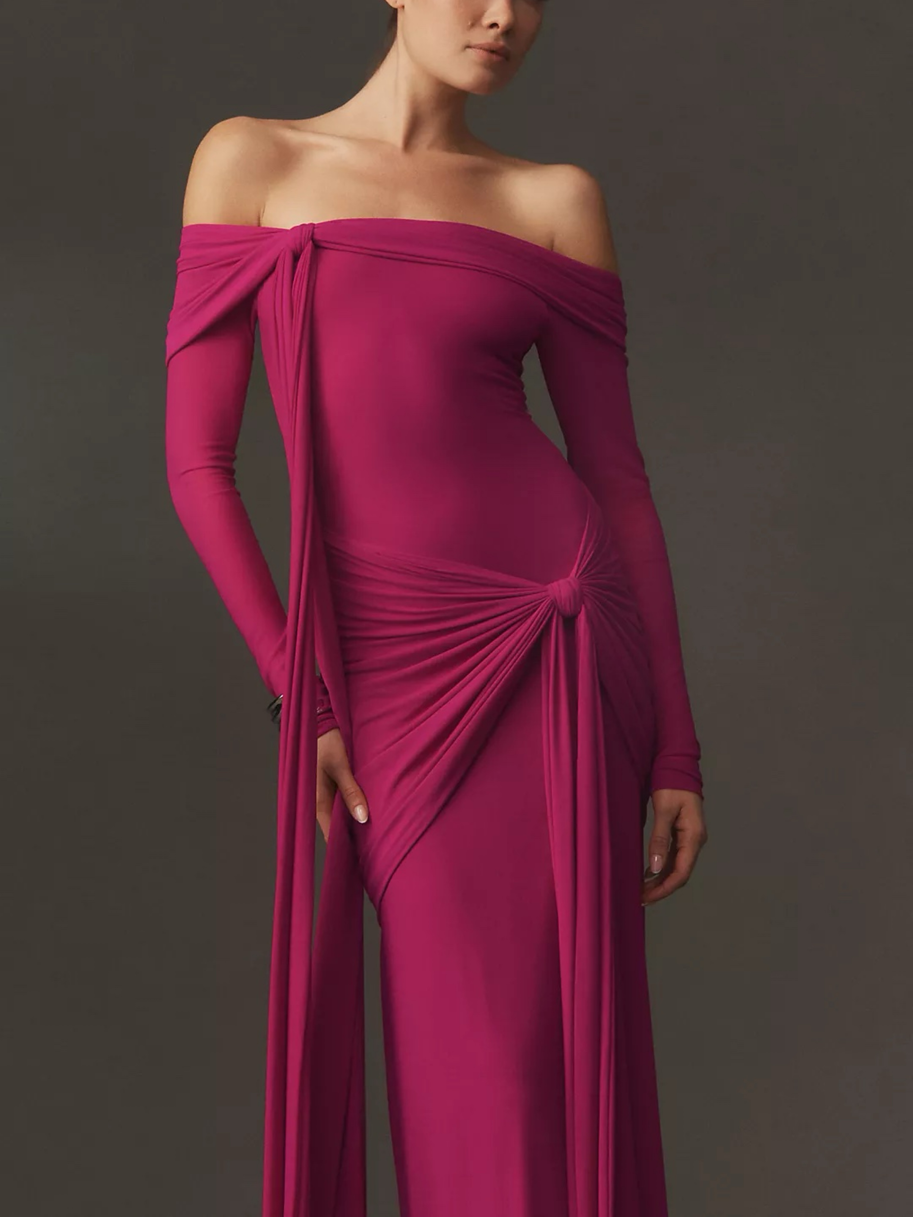 Deme by Gabriella Heloise Off-Shoulder Ruched Stretch Mesh Maxi Dress