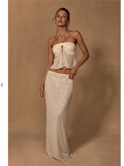 Lulus Malita Cream Crochet Sequin SET Low-rise maxi skirt and