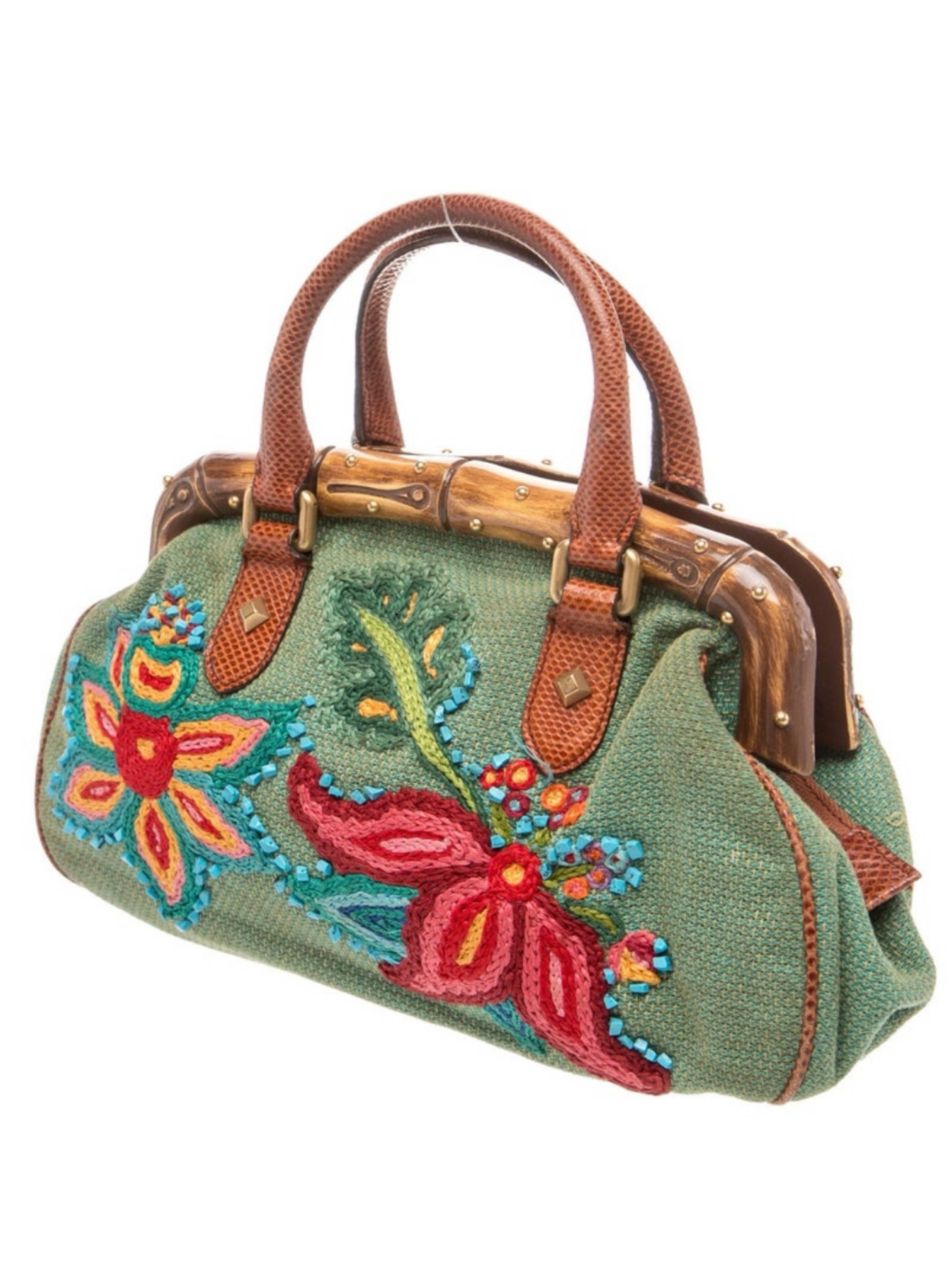 Vintage Gucci Embroidered Bamboo Handle Bag by Gucci - Pickle