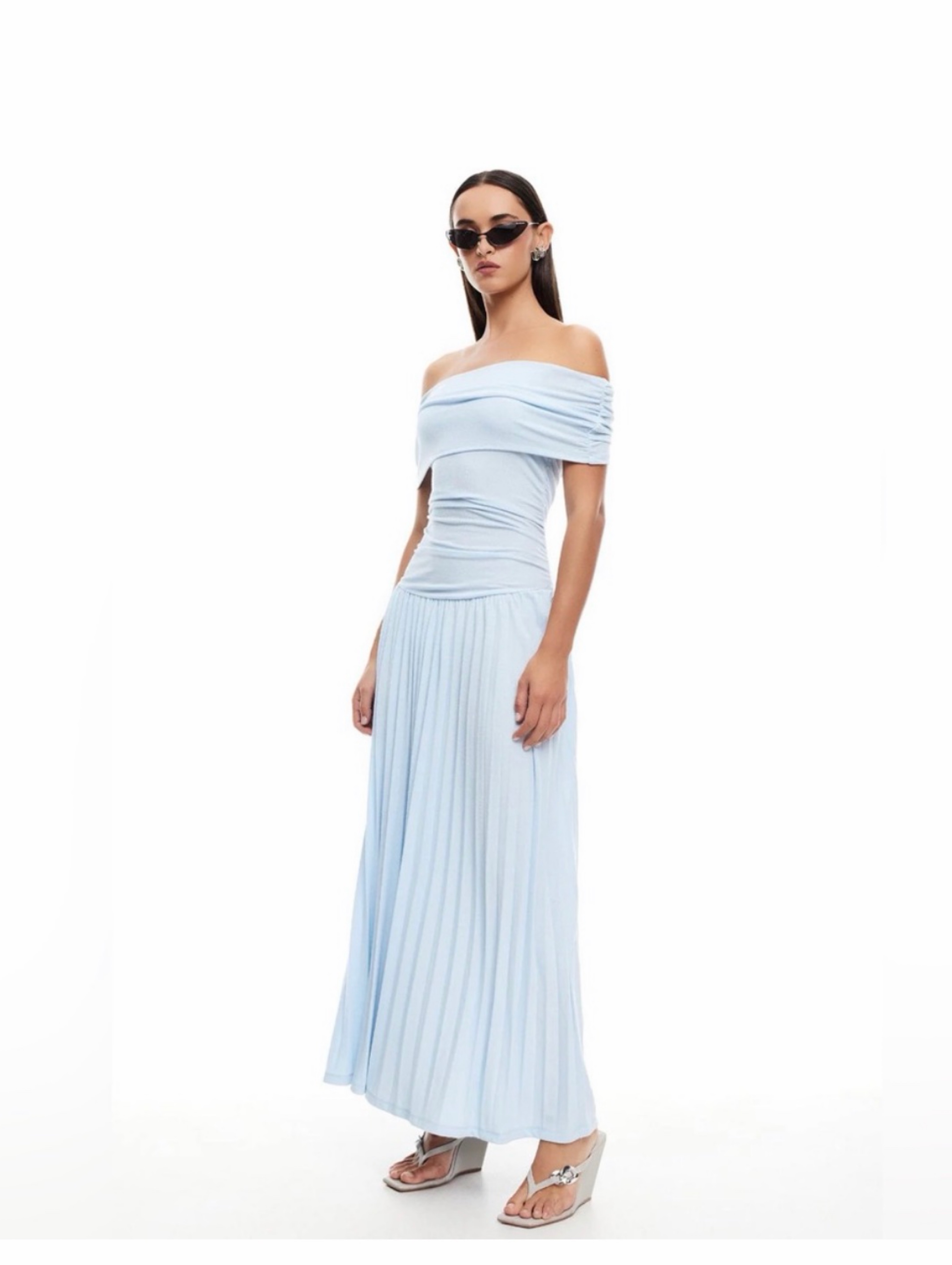 field of dreams dress blue Lioness Field of Dreams foldover off the shoulder ruched dropped waist pleated maxi dress in soft blue