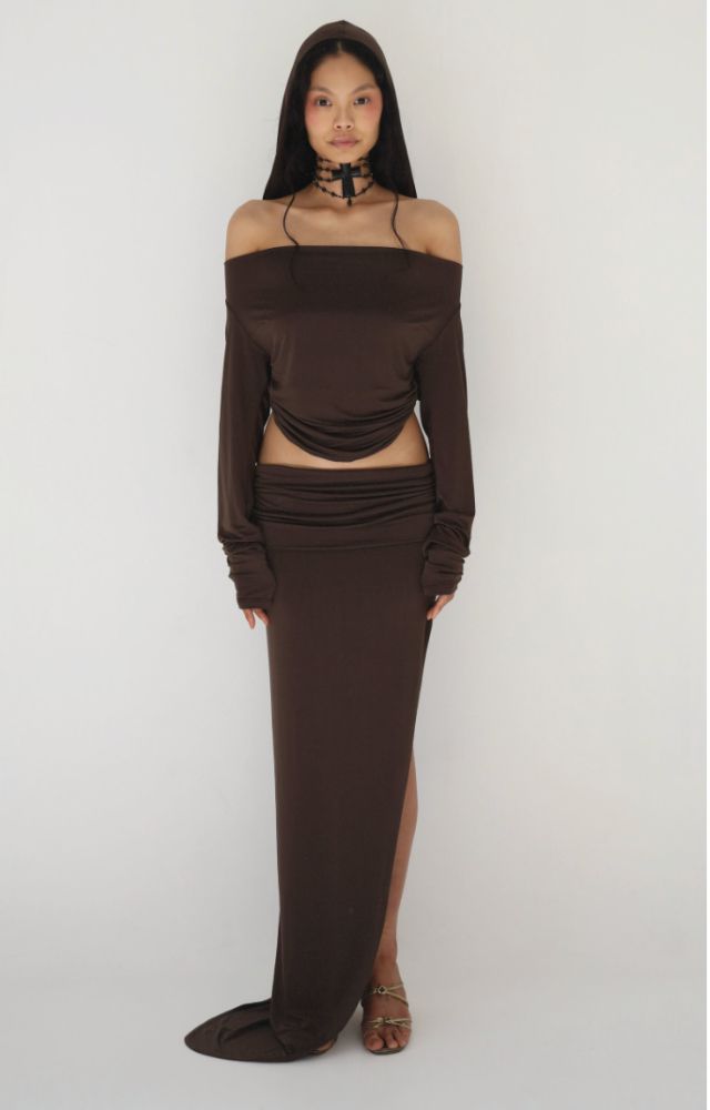 Mirror Palais Hooded Cowl top — brown
