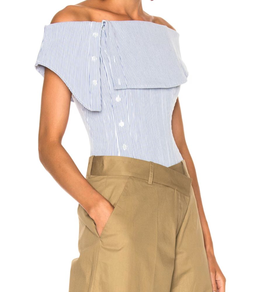 Monse Blue Pinstripe Off-Shoulder Corset Top — Runway Archive
