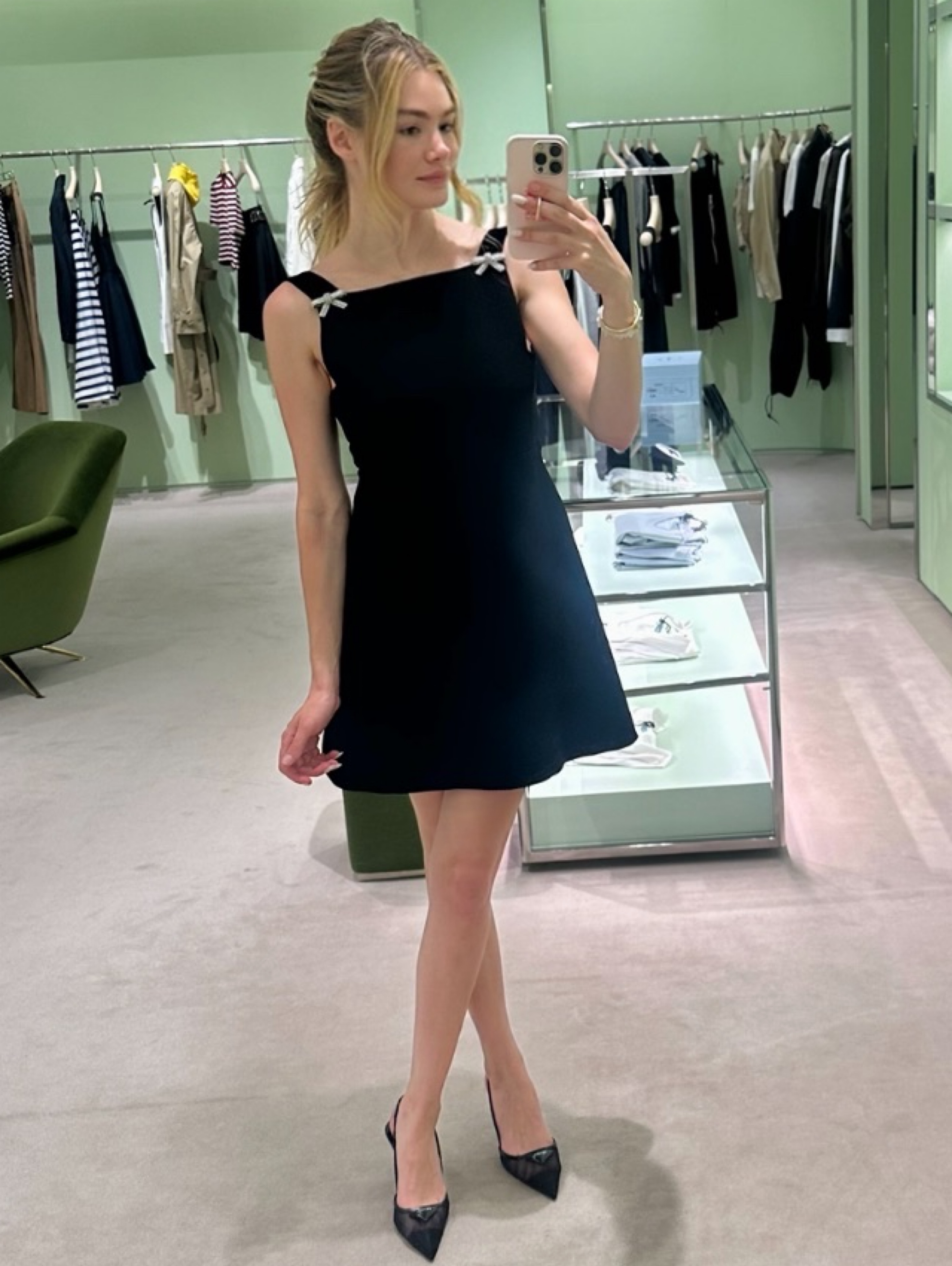 Prada Black Mini Dress — crystal bow straps — quiet luxury small NWT