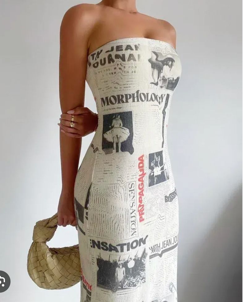 With Jean Newspaper Print Strapless Midi Dress
