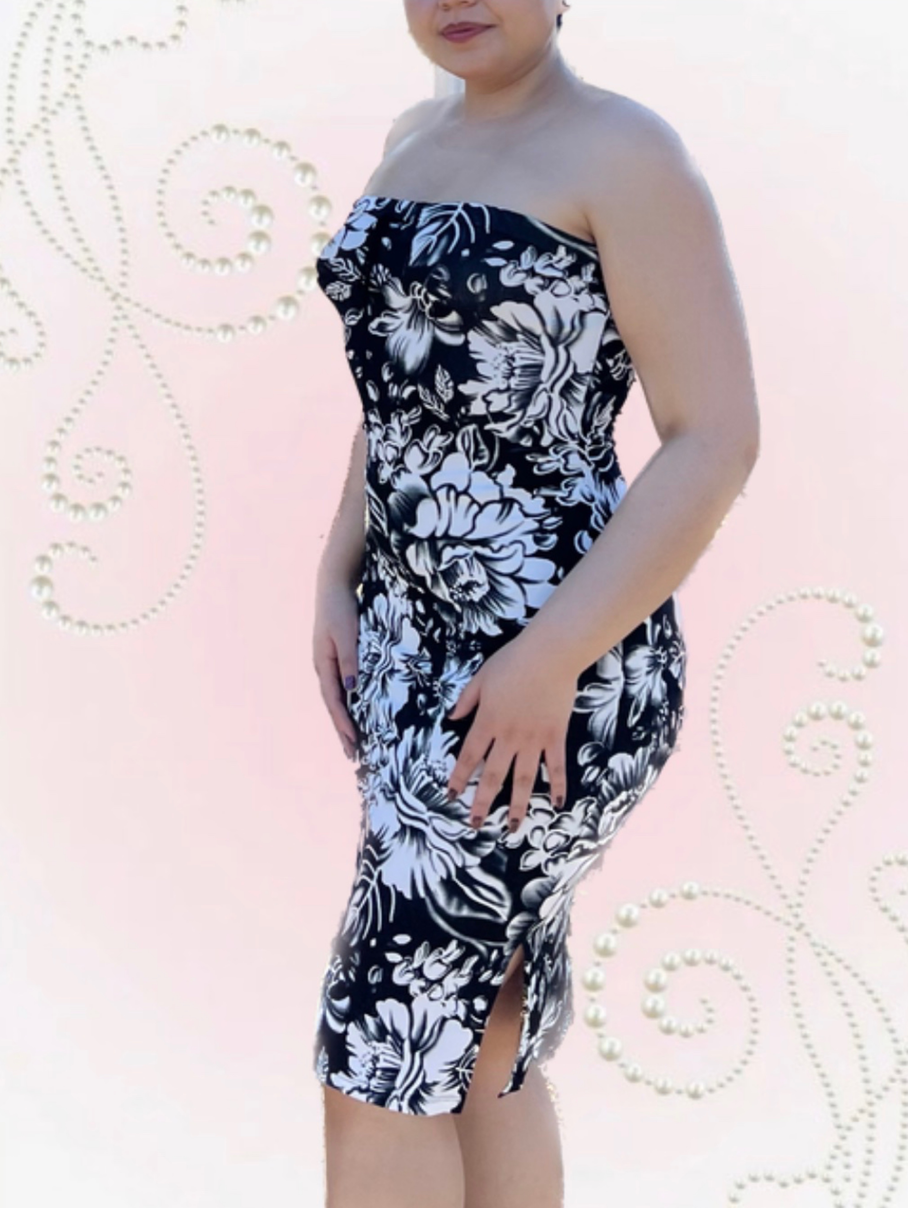 90βs Black White Floral Print Strapless Midi Dress