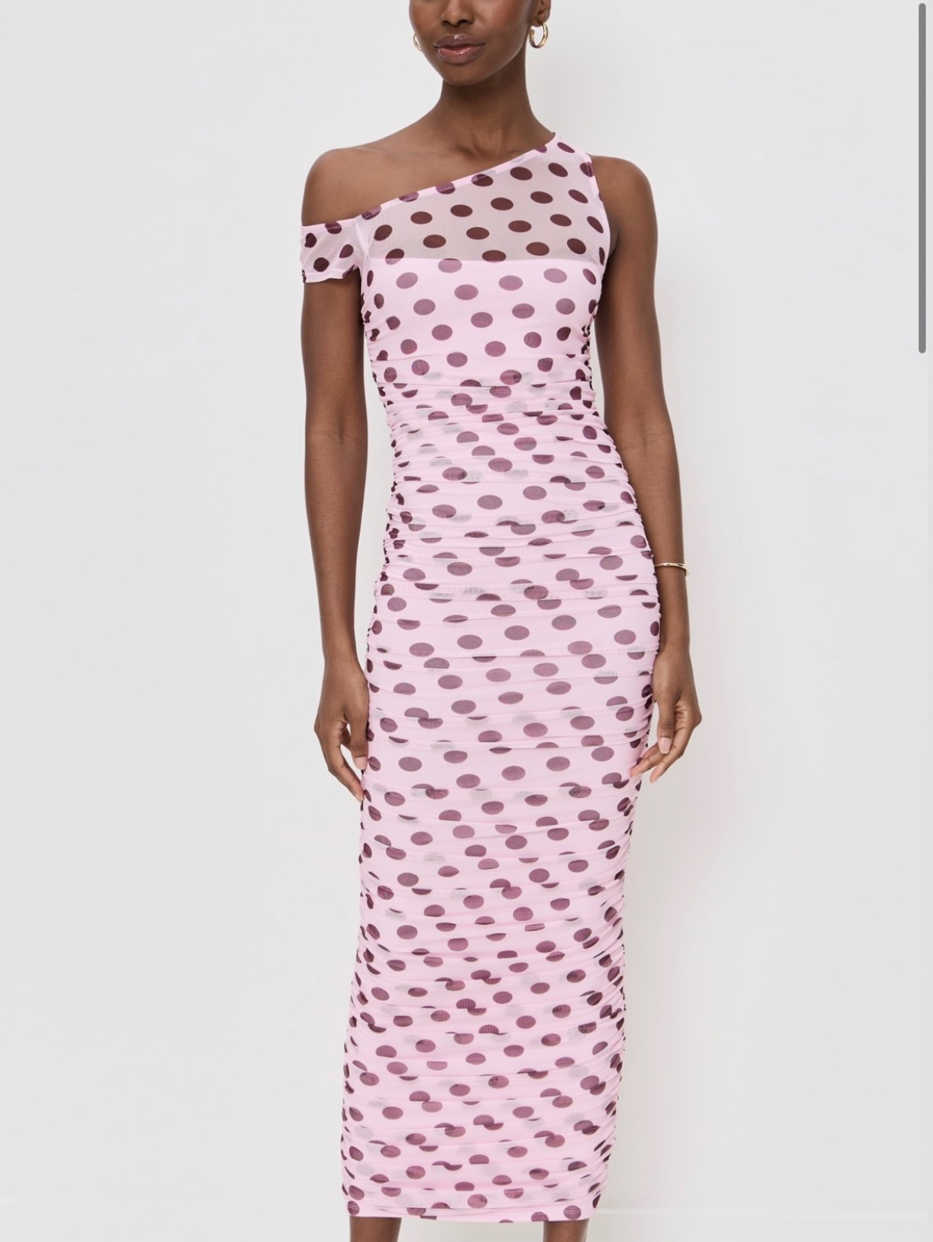 Lavender Polka Dot Ruched Midi Dress