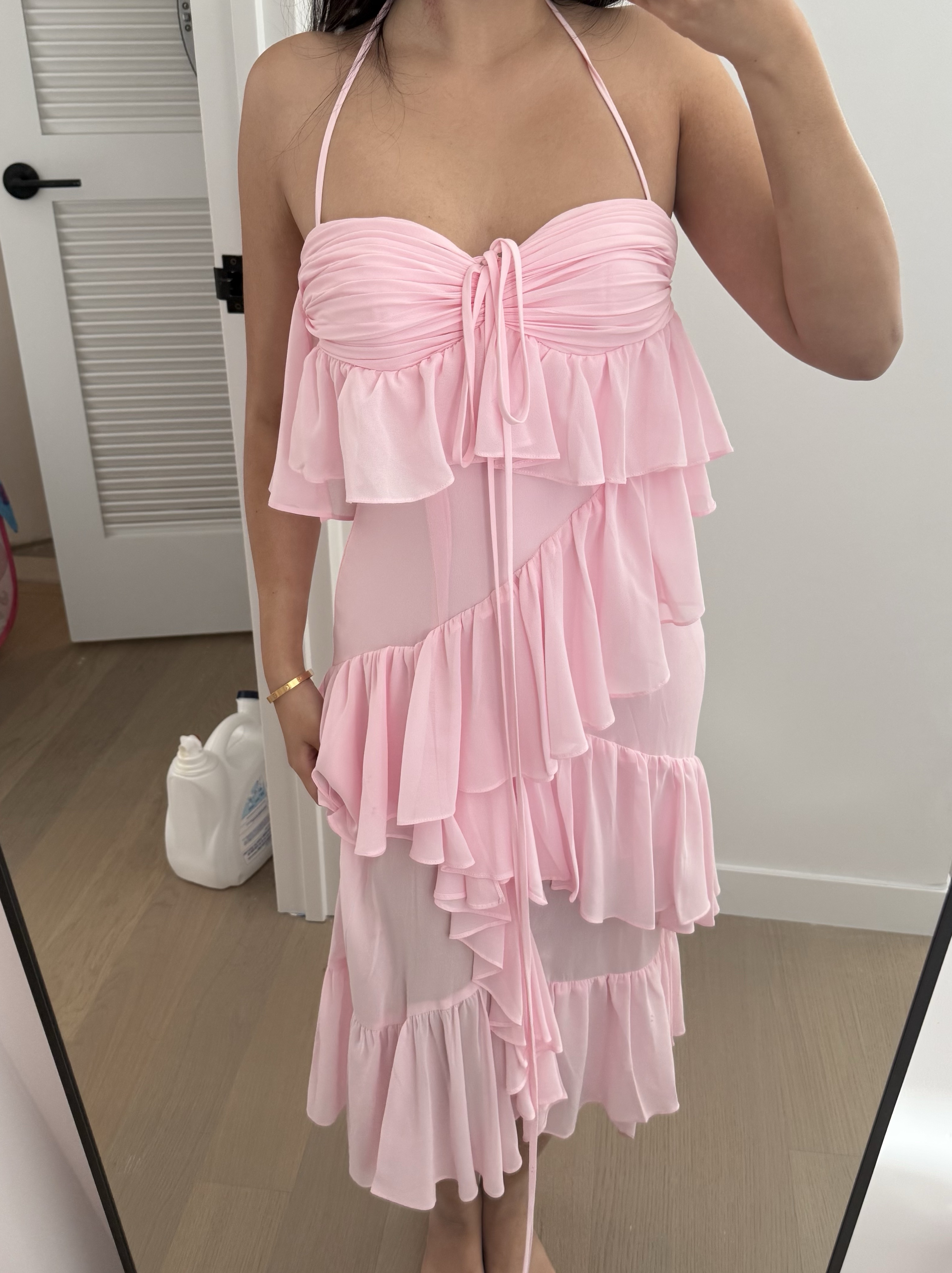 chiffon tiered midi dress Goddiva Chiffon Cowl Off Shoulder Wing Tiered Midi Dress